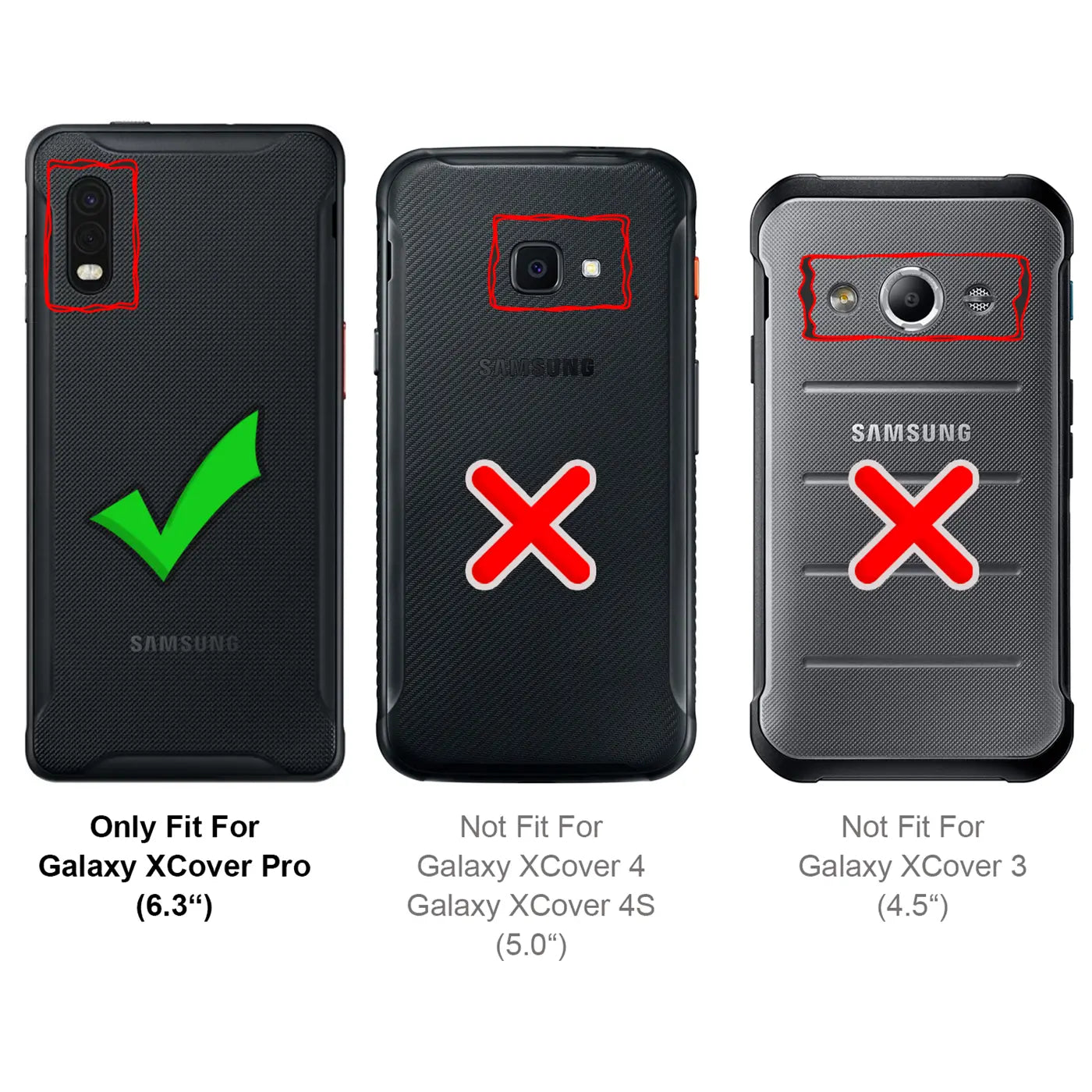 Rückseiten von drei schwarzen Samsung Galaxy Xcover Handys, von oben nach unten. Links: Pro mit grünem Haken. Mitte: 4/4S.