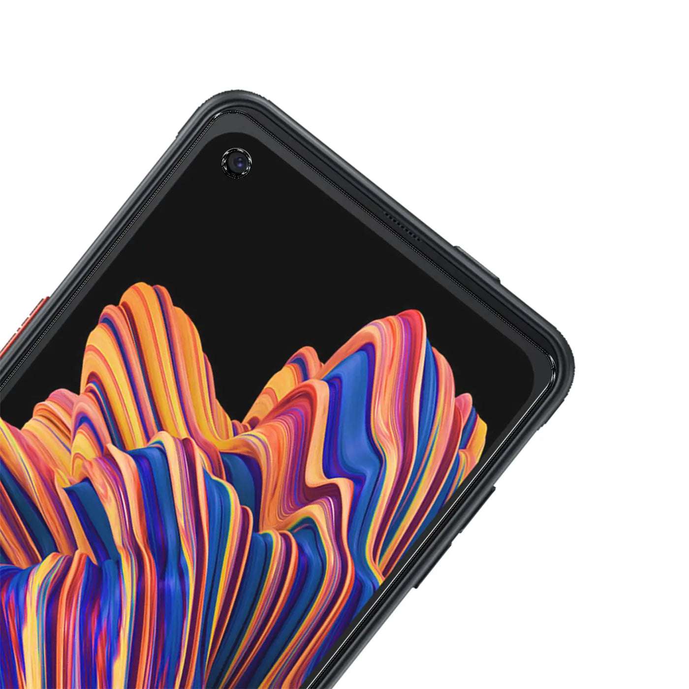 Nahaufnahme eines schwarzen Samsung Galaxy Xcover Pro mit buntem Display-Hintergrund, schräg von oben rechts.