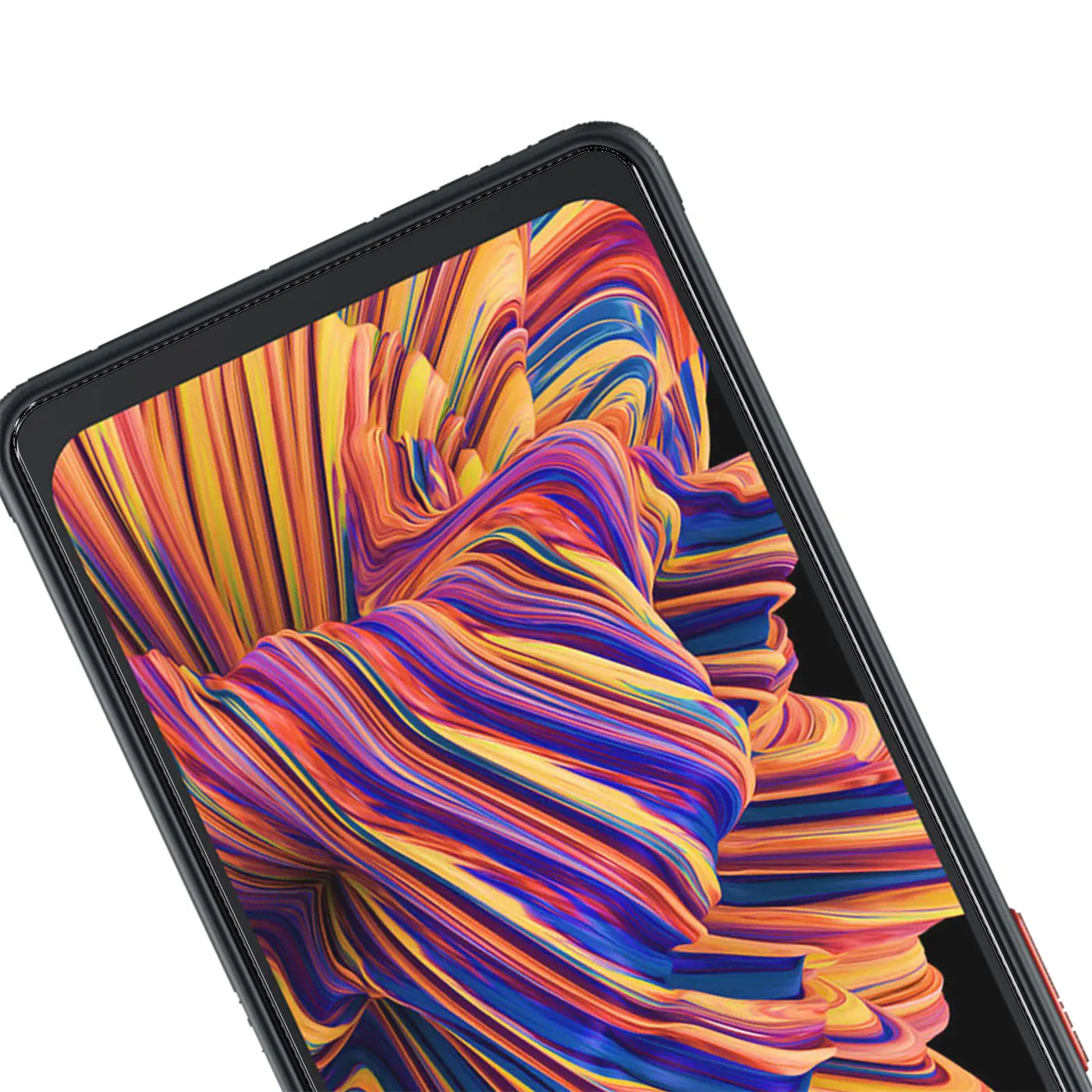 Nahaufnahme eines Samsung Galaxy Xcover Pro mit schwarzem Rahmen, schräg von oben, Display mit bunten Wellen.