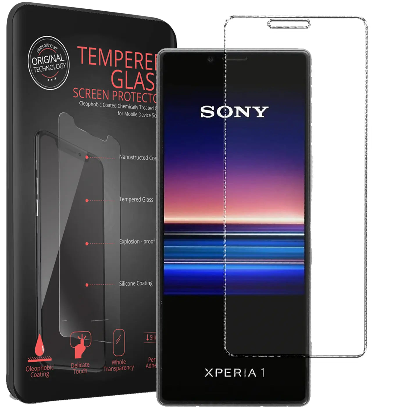 Schwarze Verpackung für Panzerglas, daneben ein schwarzes Sony Xperia 1 Smartphone und ein transparentes Panzerglas.