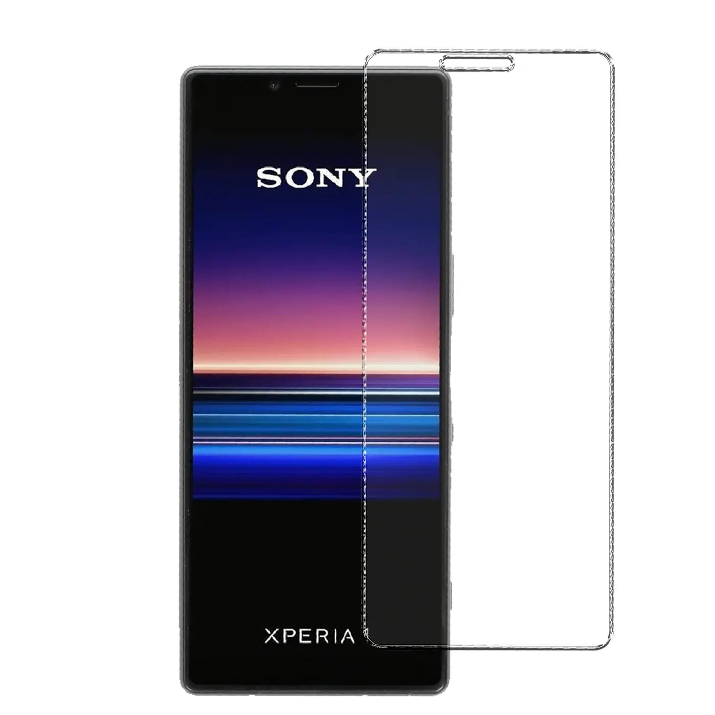 Schwarzes Sony Xperia 10 II Smartphone, frontal, mit halb aufgelegtem, transparentem Panzerglas-Displayschutz.
