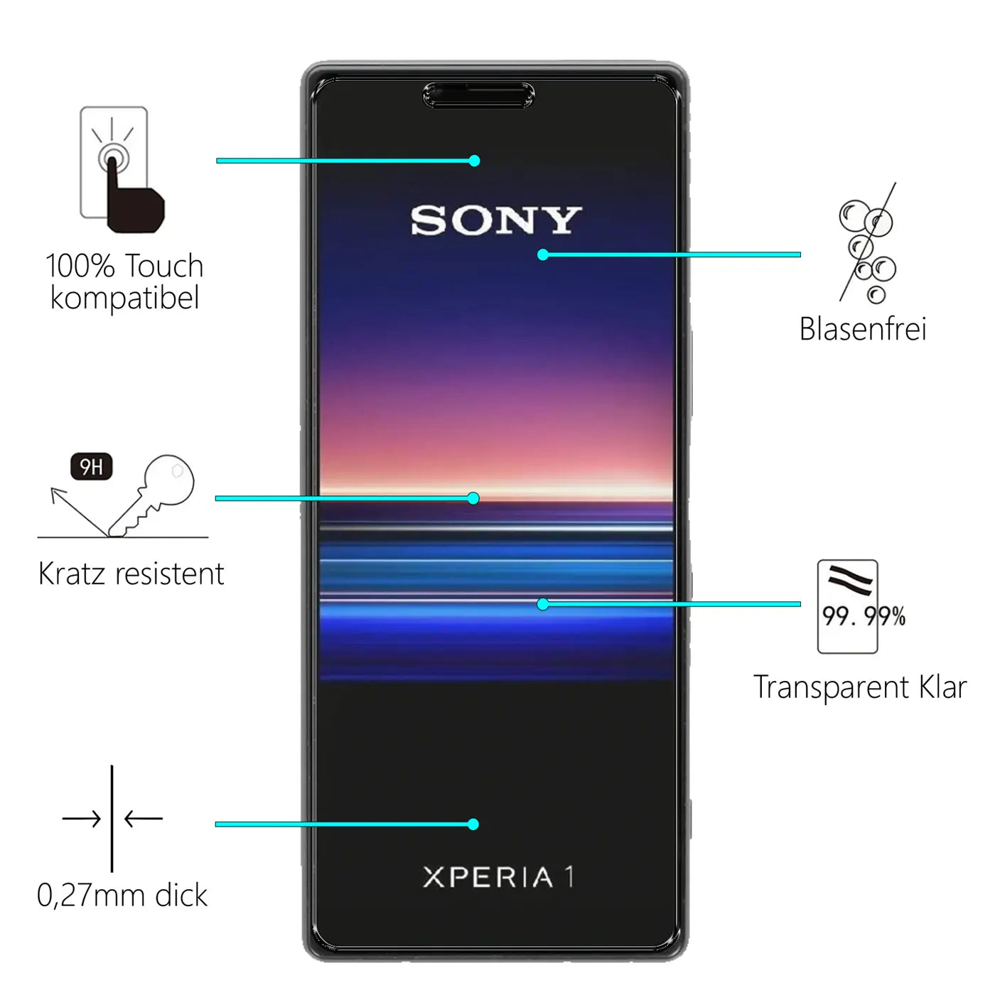 Schwarzes Sony Xperia 1 Smartphone, frontal, mit transparentem Panzerglas-Displayschutz und Produktmerkmalen.