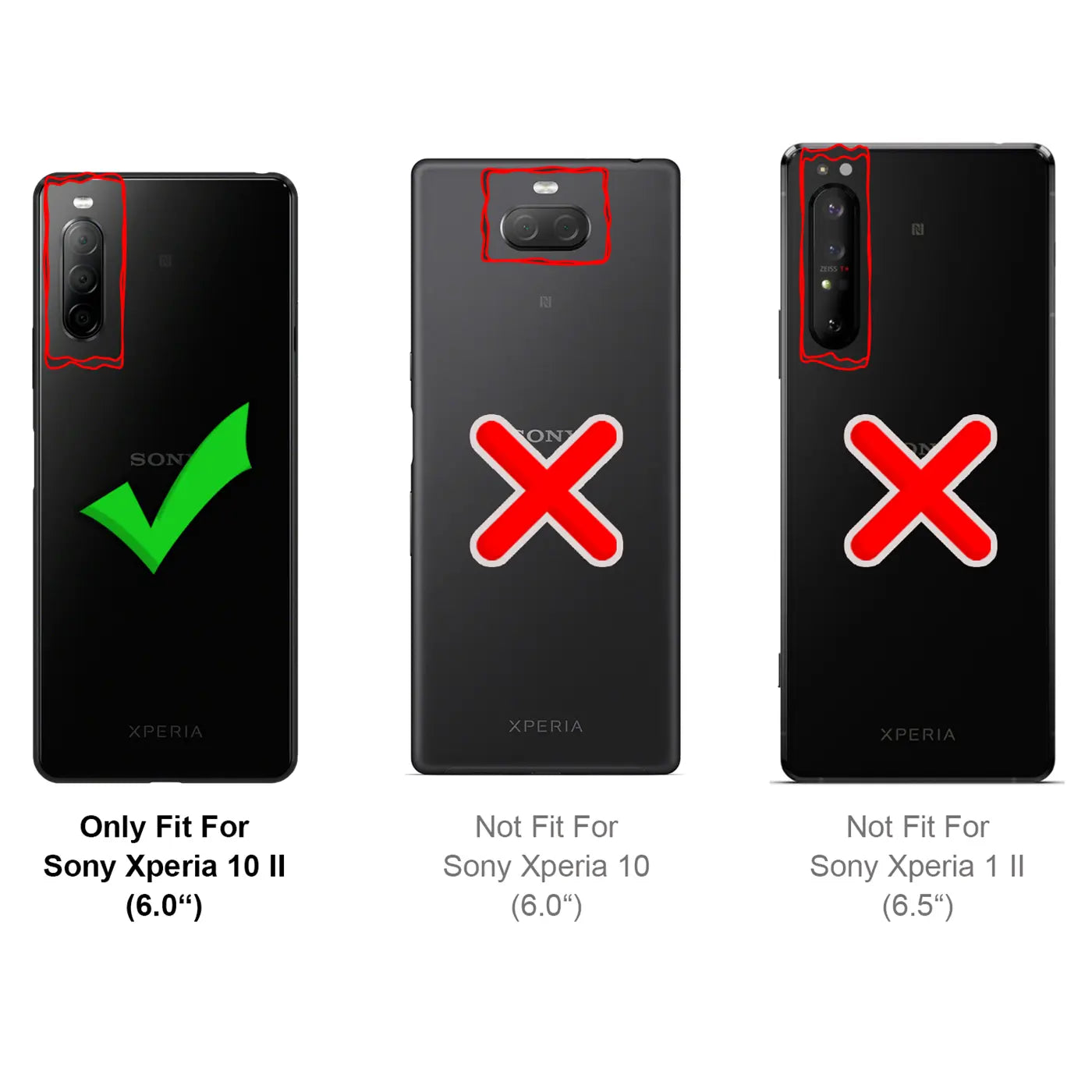 Drei schwarze Sony Xperia Smartphones von hinten, vertikal ausgerichtet. Links: Xperia 10 II mit grünem Haken. Mitte: Xperia.