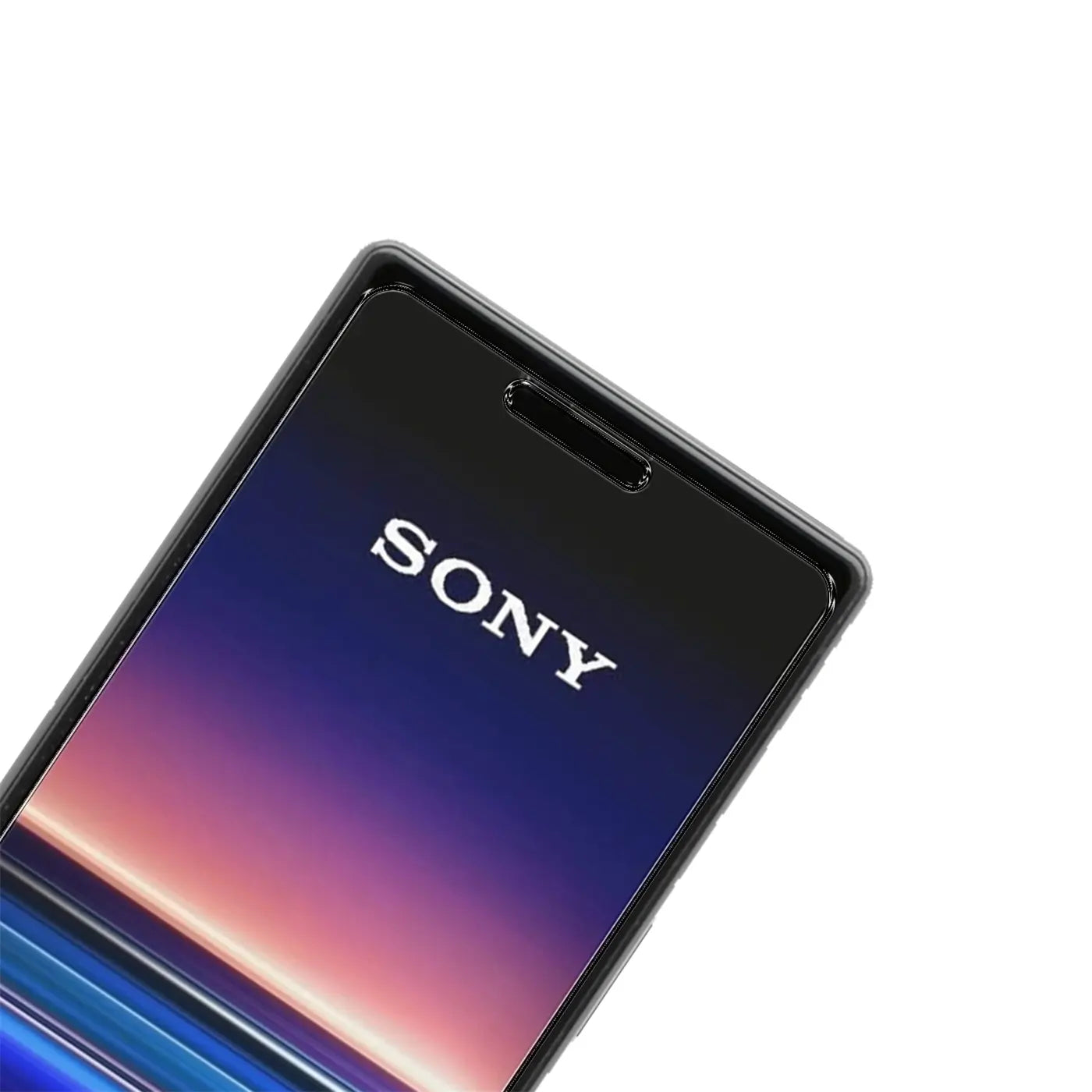Schwarzes Sony Xperia 10 II Smartphone, schräg von oben. Das Display zeigt ein abstraktes, farbiges Muster.