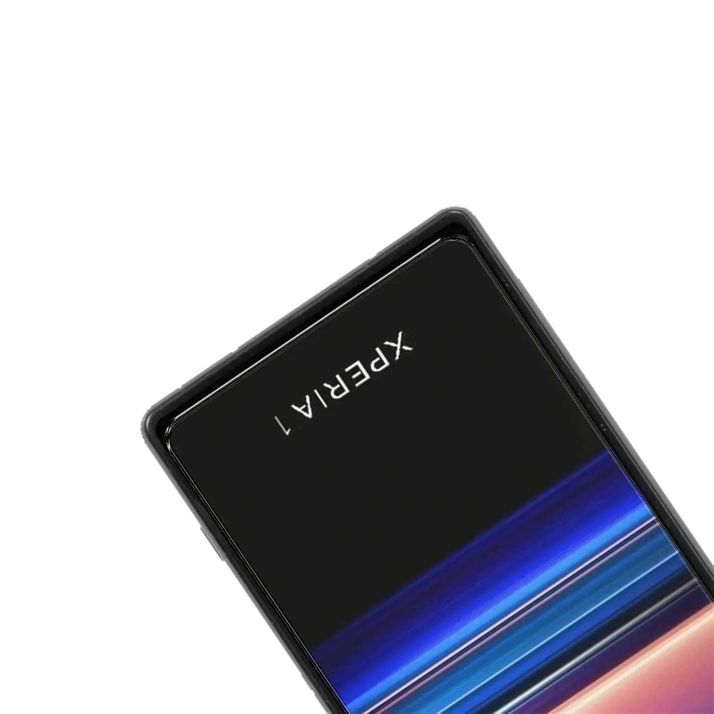 Schwarzes Sony Xperia 1 Smartphone mit Displayschutzfolie, schräg von oben rechts fotografiert.