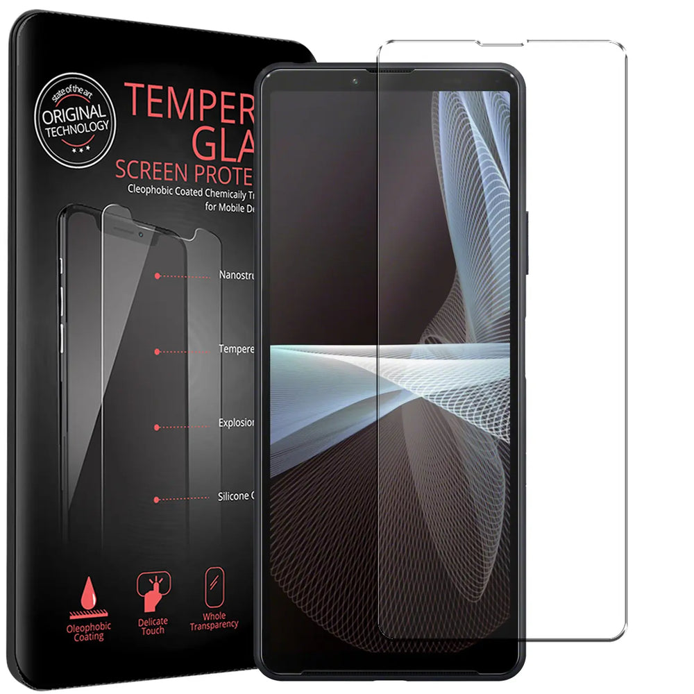 Schwarze Verpackung, schwarzes Sony Xperia 10 V mit angebrachtem Panzerglas und ein weiteres Panzerglas daneben, schräg von.