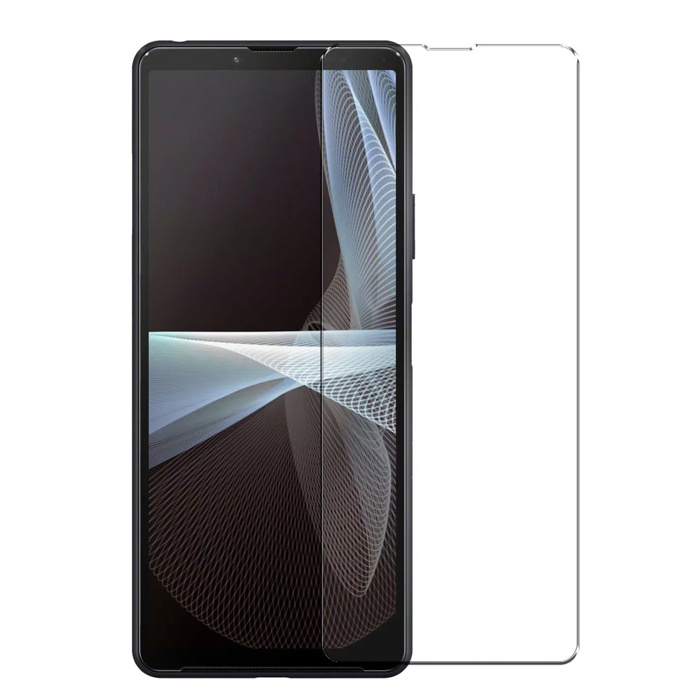 Schwarzes Sony Xperia 10 V Smartphone mit halb angebrachtem, transparentem Panzerglas-Displayschutz und einem weiteren.