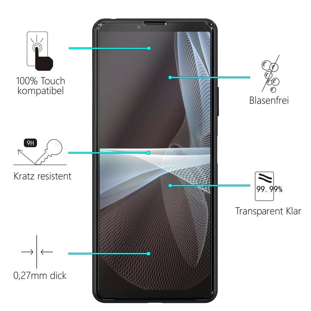 Schwarzes Sony Xperia 10 V Smartphone mit Panzerglas-Displayschutz, frontal, umgeben von Produktmerkmal-Icons.