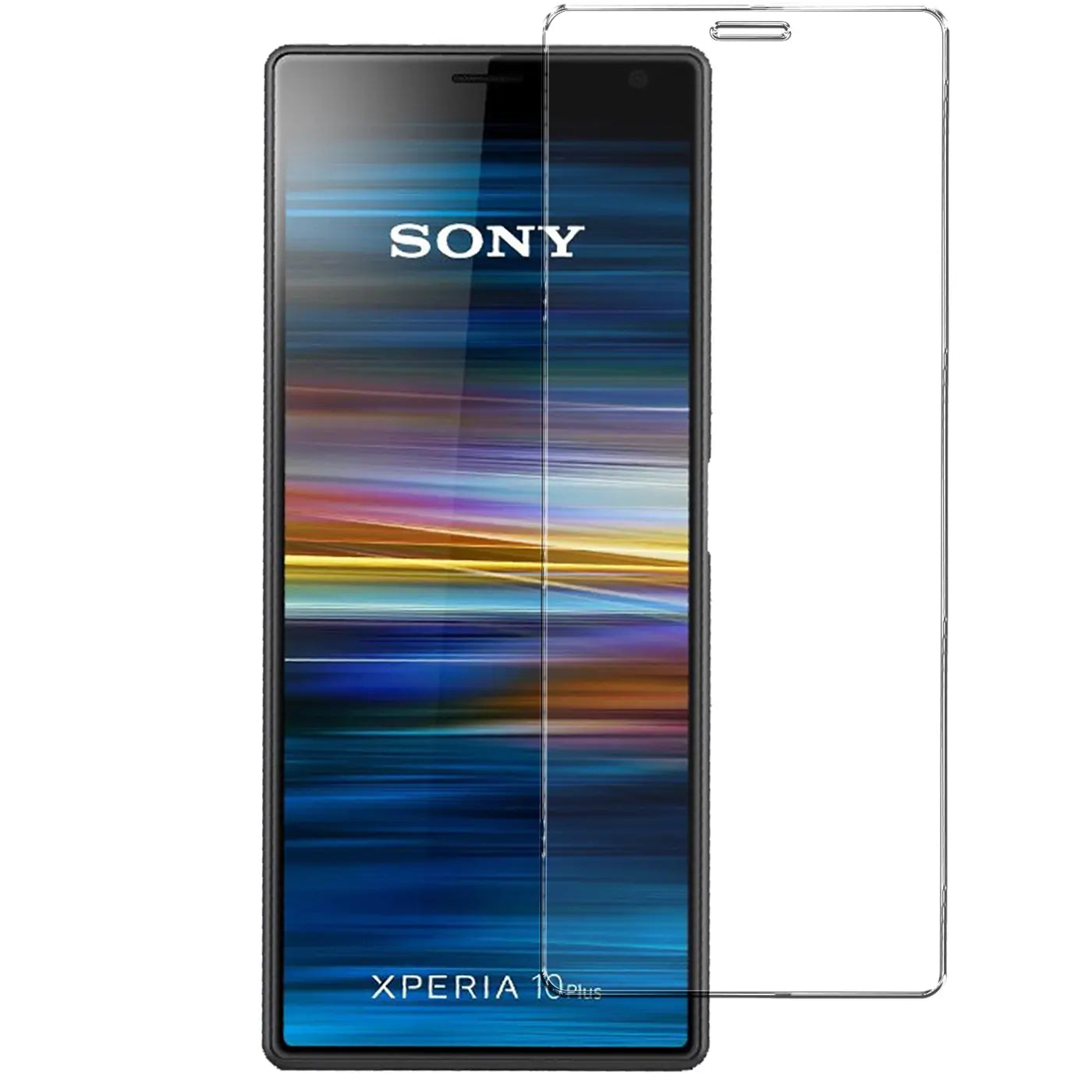 Schwarz-silbernes Sony Xperia 10 Plus Smartphone mit transparentem Panzerglas Displayschutz (Glas) daneben, frontal.