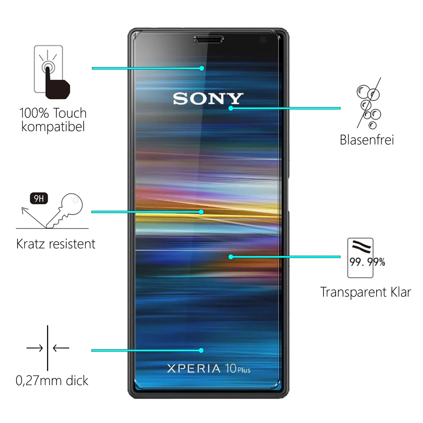 Sony Xperia 10 Plus Smartphone mit schwarzem Rahmen, von vorne, mit 9H Panzerglas Displayschutz und Produktmerkmalen.
