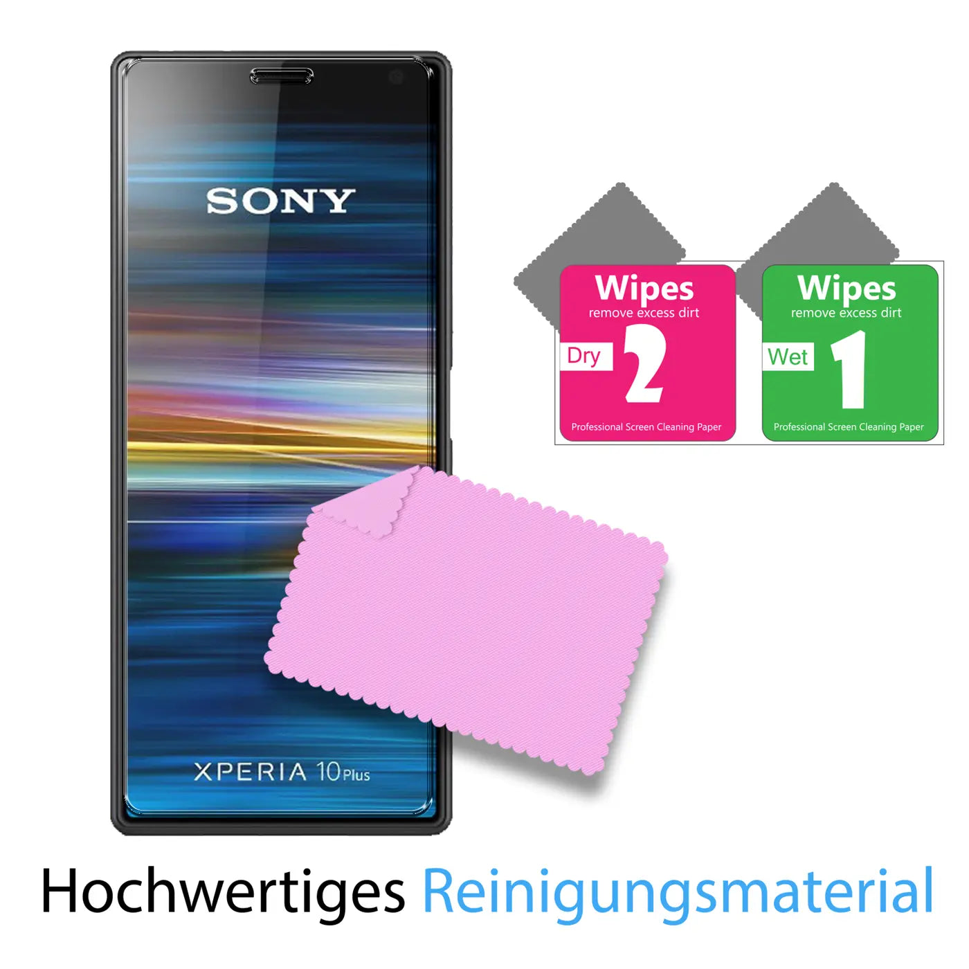 Sony Xperia 10 Plus Handy mit rosa Mikrofasertuch, 2 Feucht-/Trockentüchern, von vorne gesehen, auf weißem Grund.