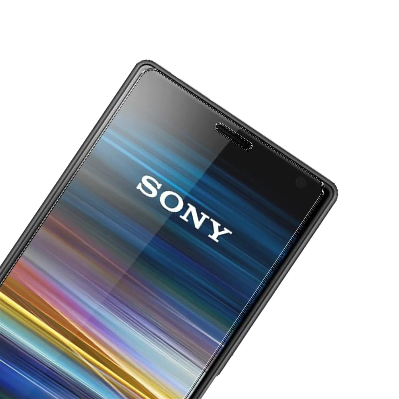 Nahaufnahme des oberen Bereichs eines Sony Xperia 10 Plus mit schwarzem Panzerglas-Displayschutz, schräg von oben.
