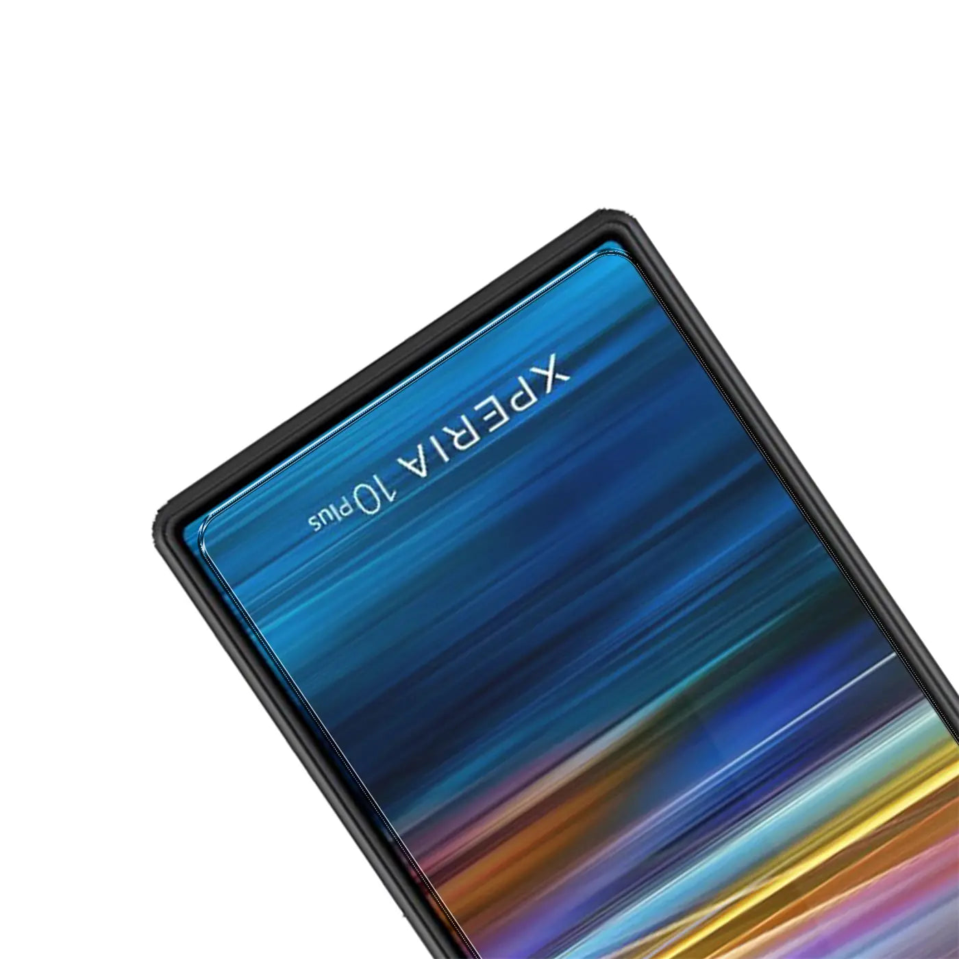 Schwarzes Sony Xperia 10 Plus Handy mit Panzerglas-Displayschutz, schräg von oben rechts auf weißem Hintergrund.