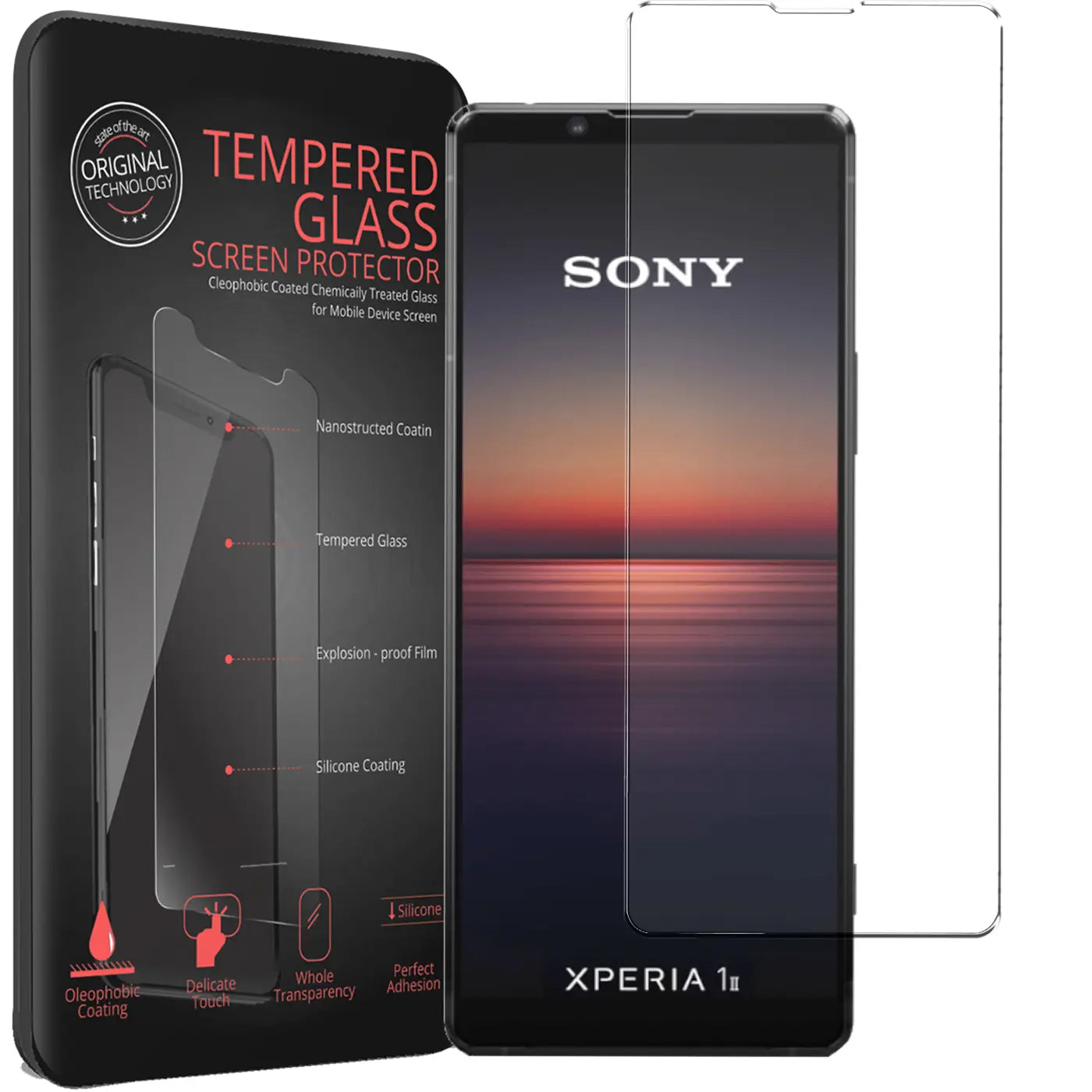 Schwarze Verpackung für Panzerglas, daneben ein Sony Xperia 1 II mit Display und ein separates Panzerglas.