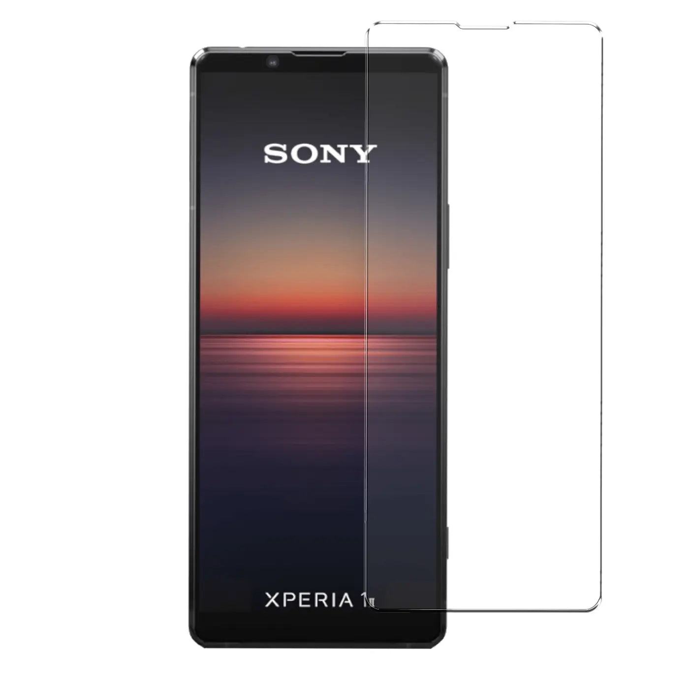 Transparentes Panzerglas für Sony Xperia 1 II, frontal neben dem Display des schwarzen Smartphones.