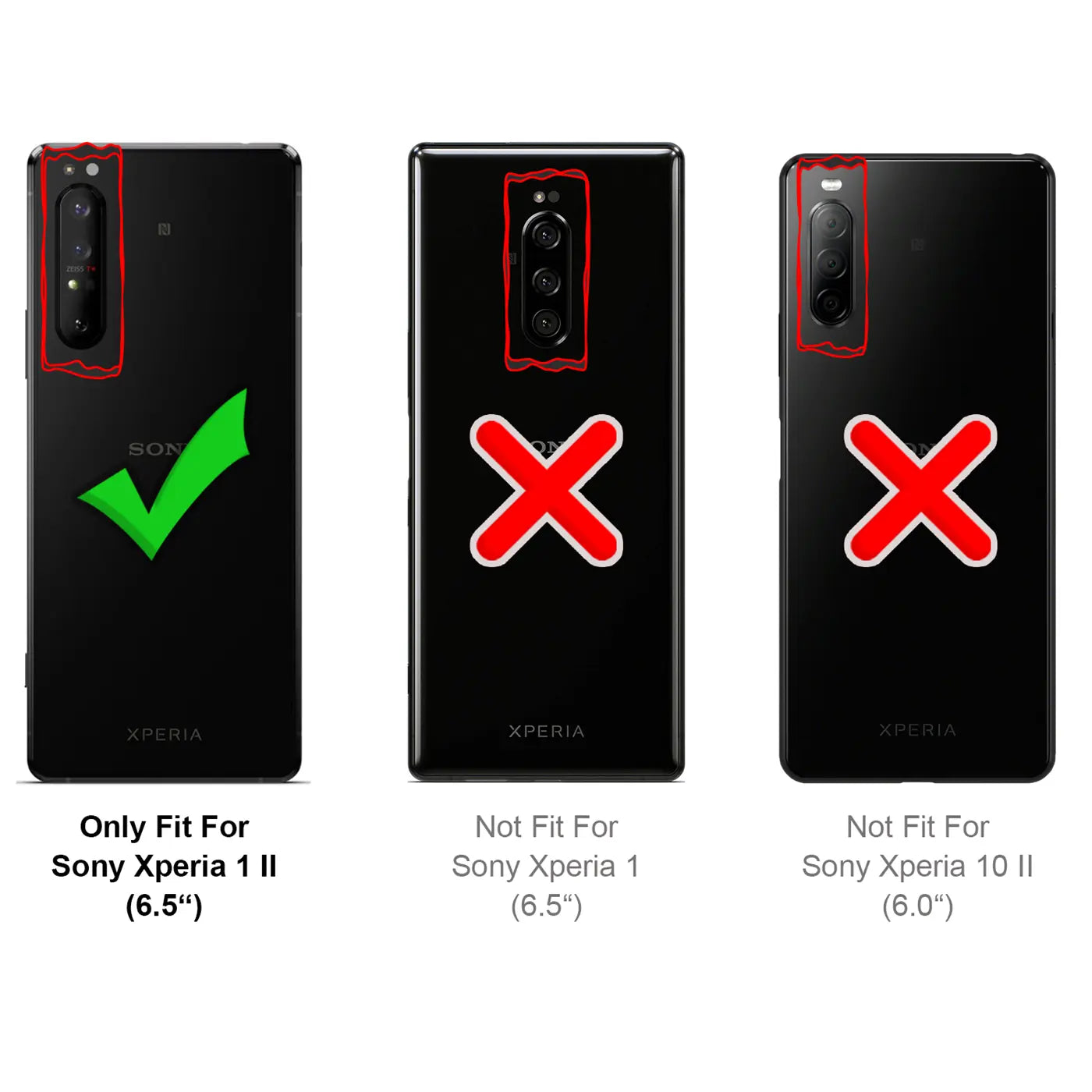 Drei schwarze Sony Xperia Smartphones von hinten, Vergleich der Kameraausschnitte mit Haken/Kreuz.