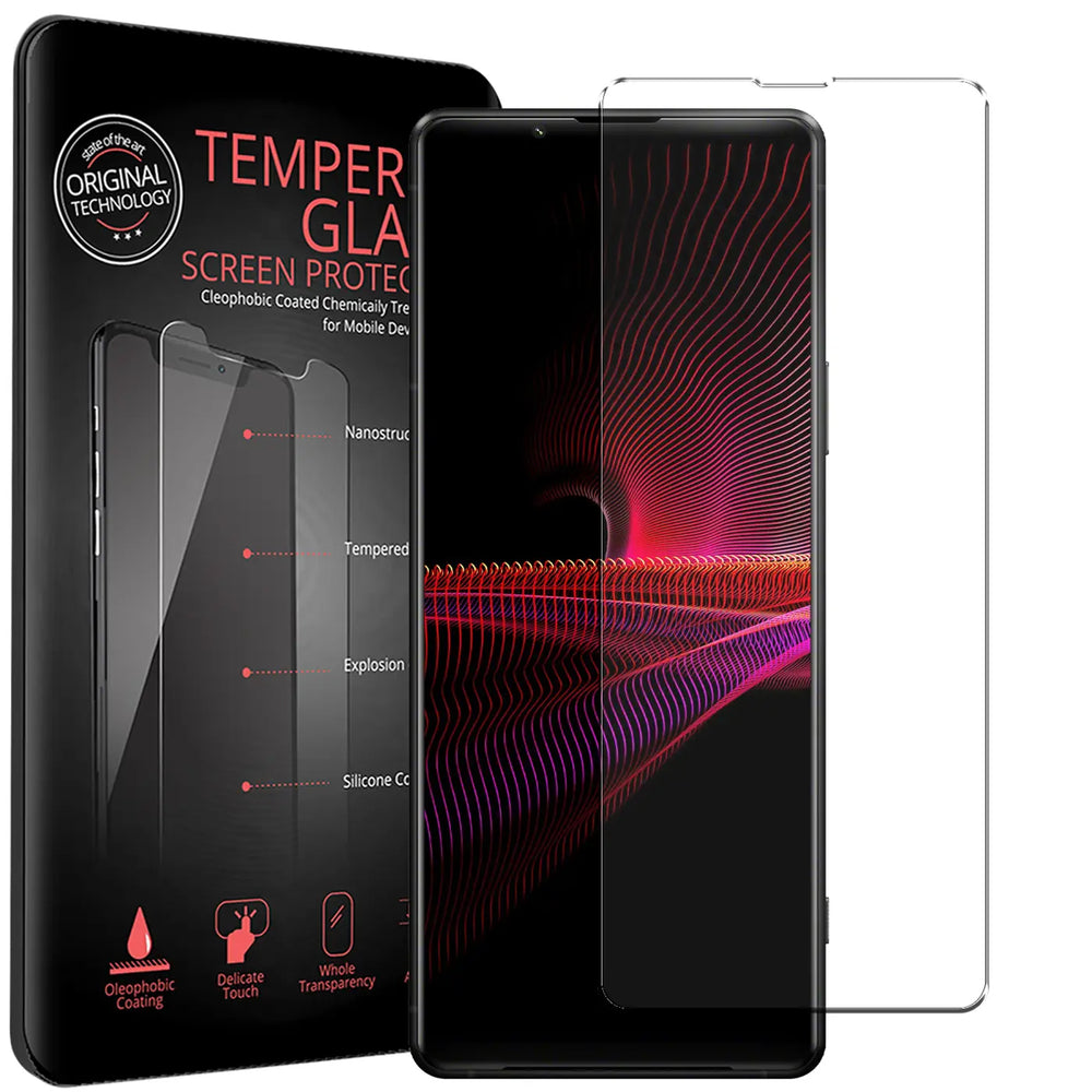 Schwarze Verpackung mit "TEMPER GLA SCREEN PROTEC", Sony Xperia 1 V mit Displayschutz und ein weiteres Panzerglas.