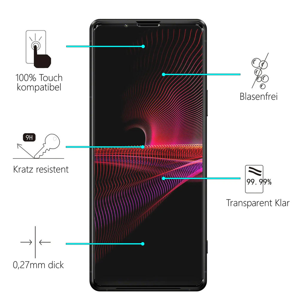 Sony Xperia 1 V mit schwarzem Panzerglas Displayschutz (Glas) von vorne, umgeben von Infografiken auf weißem Hintergrund.