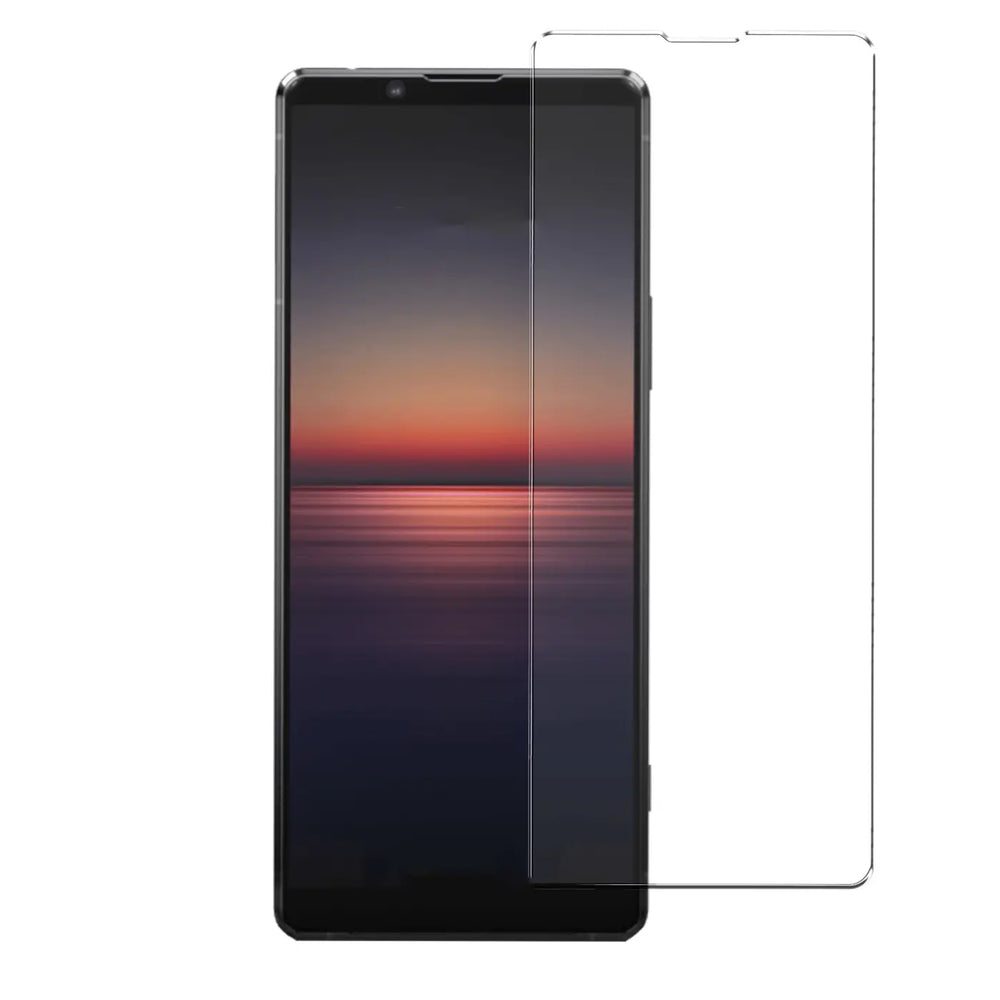 Sony Xperia 5 II in Schwarz, frontal, mit halb aufgelegtem, transparentem Panzerglas-Displayschutz.