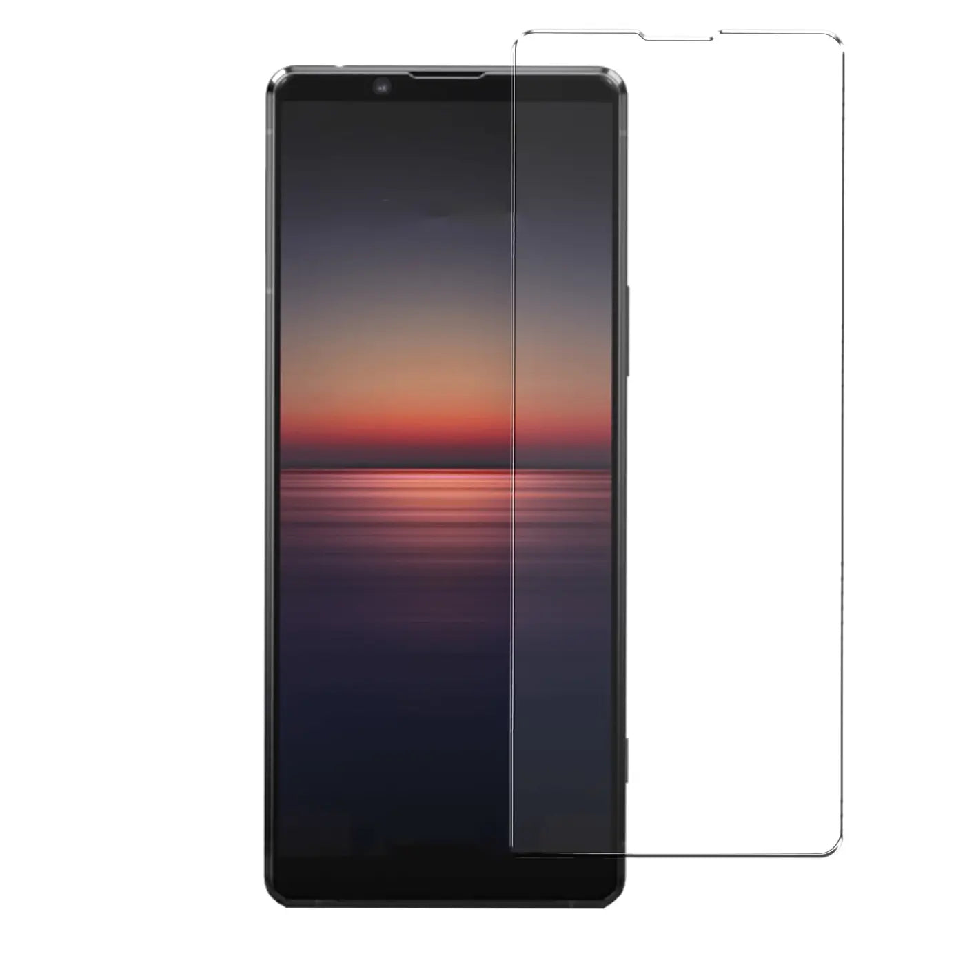 Sony Xperia 5 II in Schwarz, frontal, mit halb aufgelegtem, transparentem Panzerglas-Displayschutz.