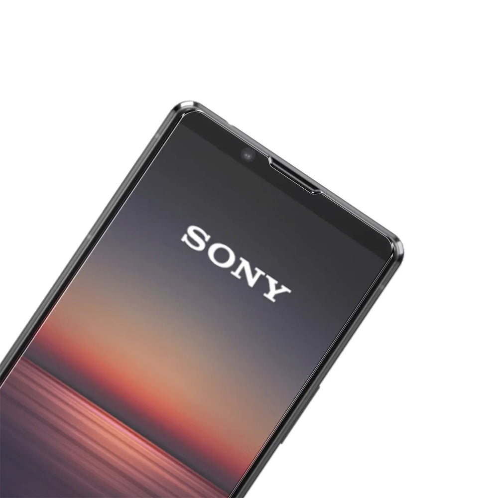 Schwarzes Sony Xperia 5 II Smartphone, schräg von oben rechts fotografiert, mit "SONY" Logo auf dem Display.