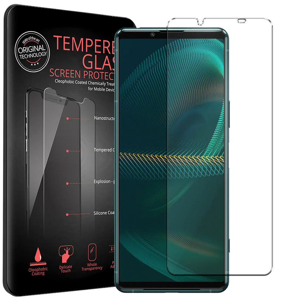 Schwarze Verpackung, Sony Xperia 5 III Smartphone mit Displayschutz und ein weiteres Panzerglas aus Glas.