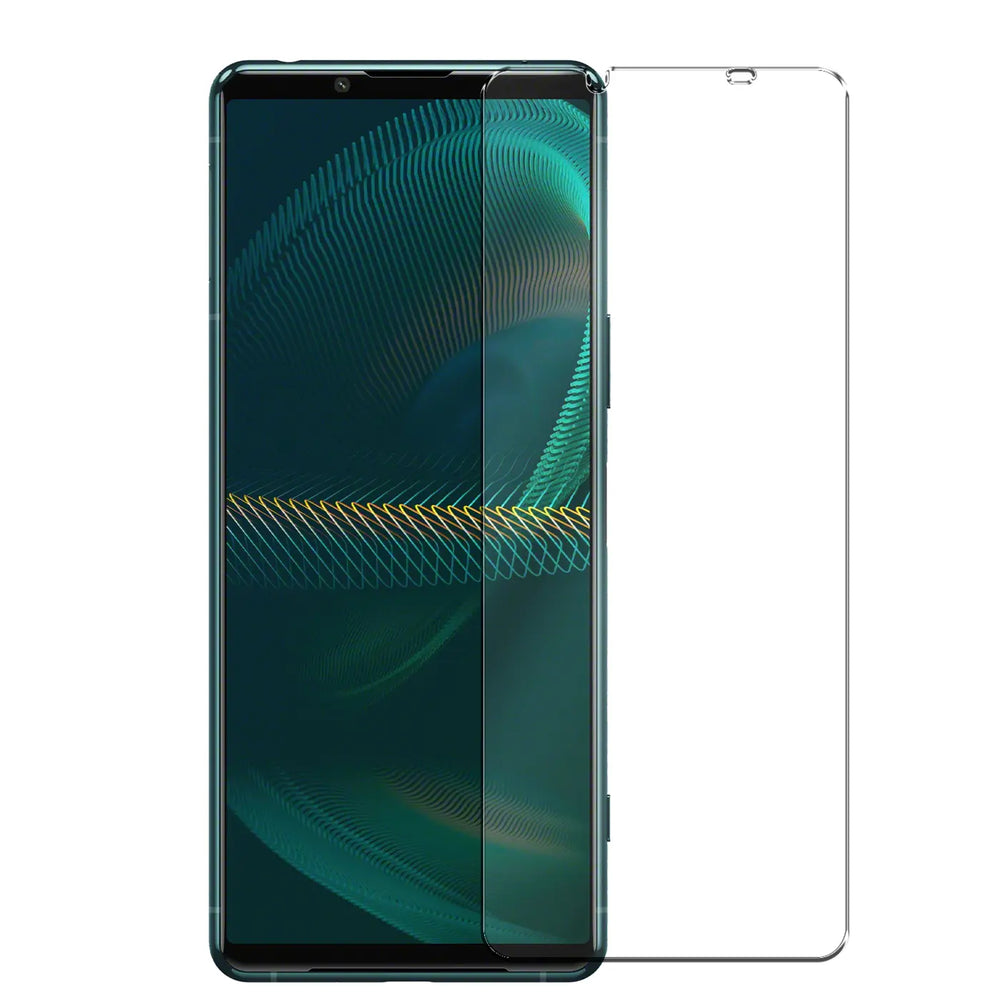 Sony Xperia 5 III Smartphone, dunkelgrün, mit einem klaren Panzerglas Displayschutz aus Glas, frontal.