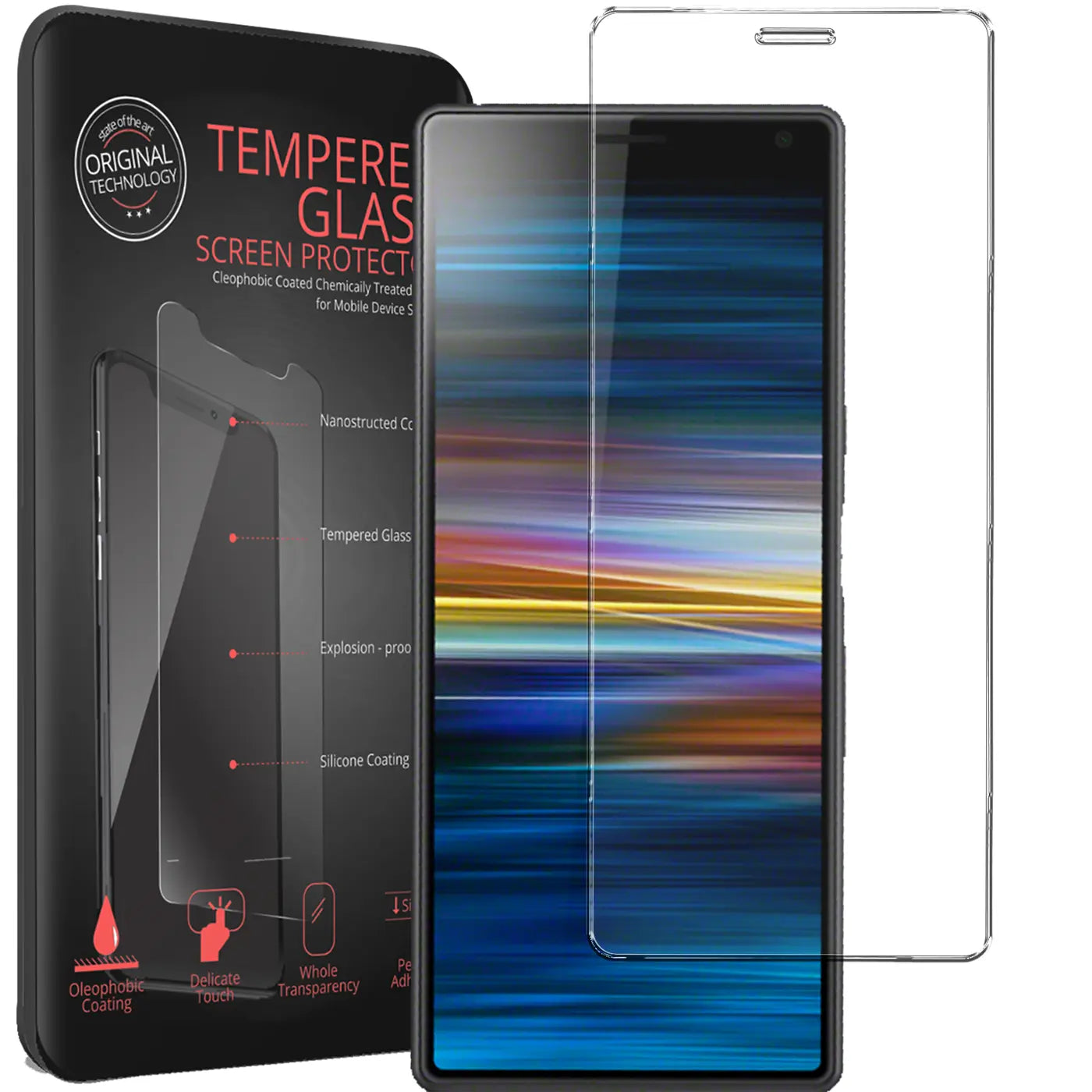 Schwarze Verpackung, Sony Xperia 8 Smartphone mit bunter Anzeige und zwei transparente Panzergläser, schräg von vorne.