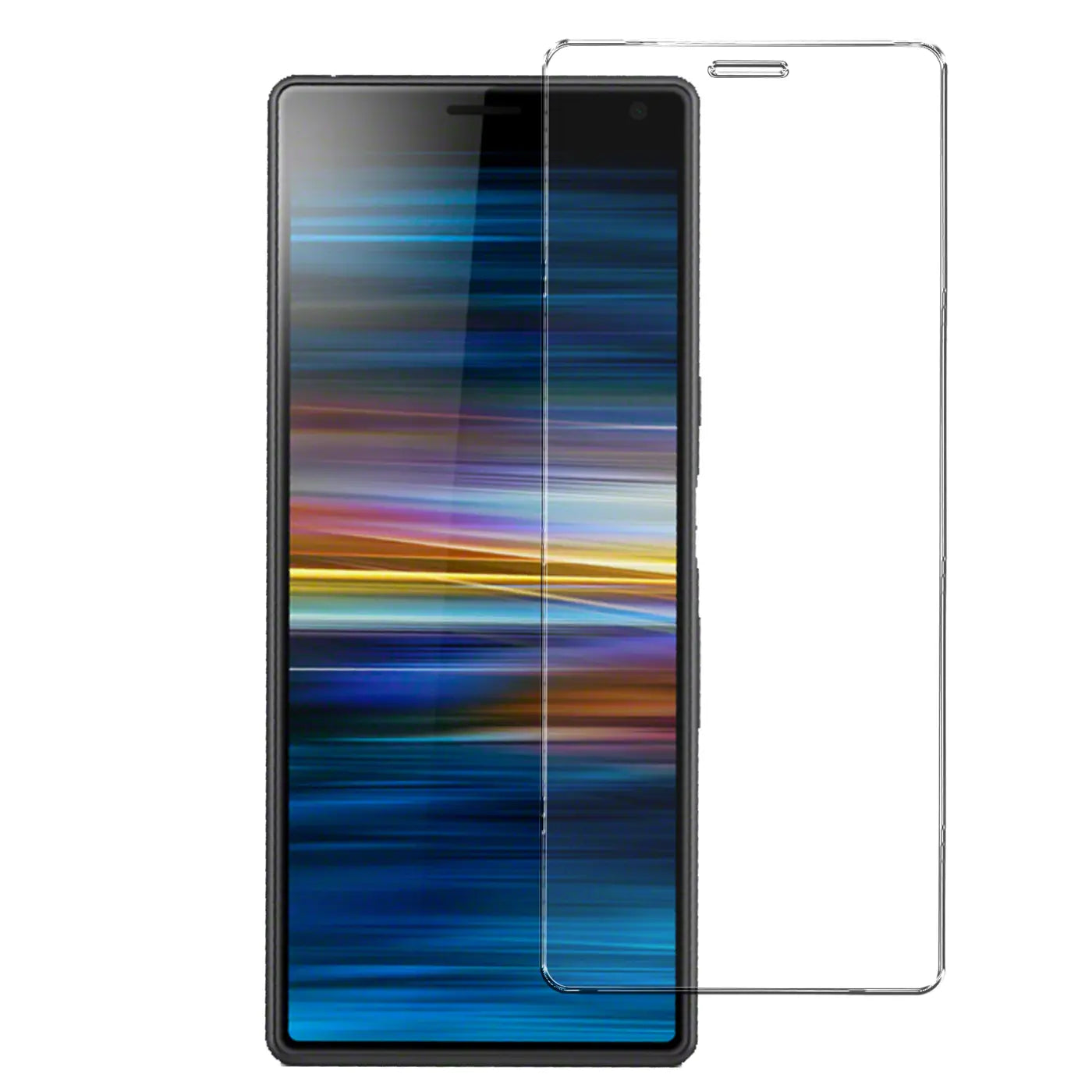 Sony Xperia 8 Smartphone mit schwarzem Rahmen und transparentem Panzerglas-Displayschutz, schräg von vorne.
