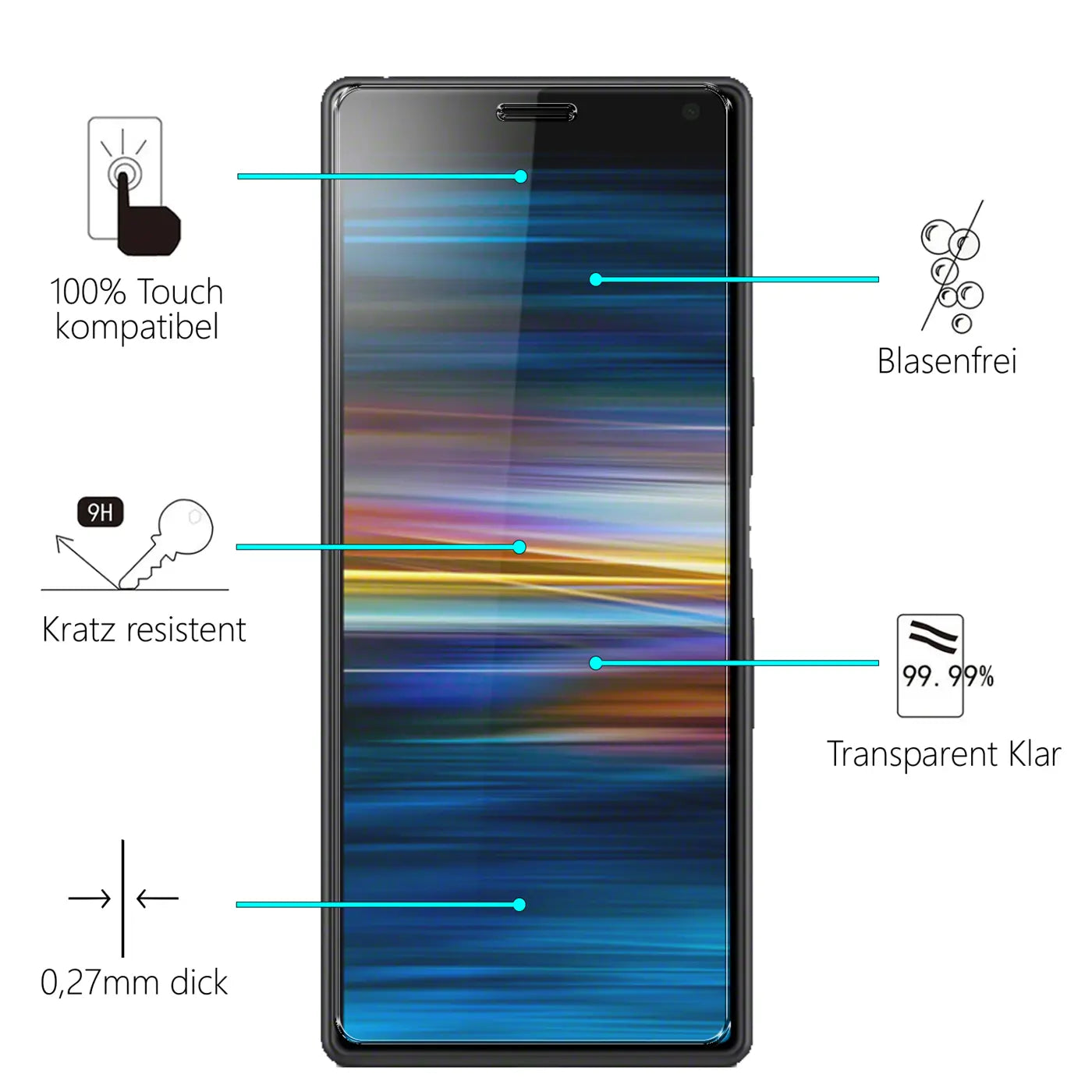 Schwarzes Sony Xperia 8 Smartphone mit installiertem, transparentem Panzerglas Displayschutz (Glas). Frontalansicht mit.