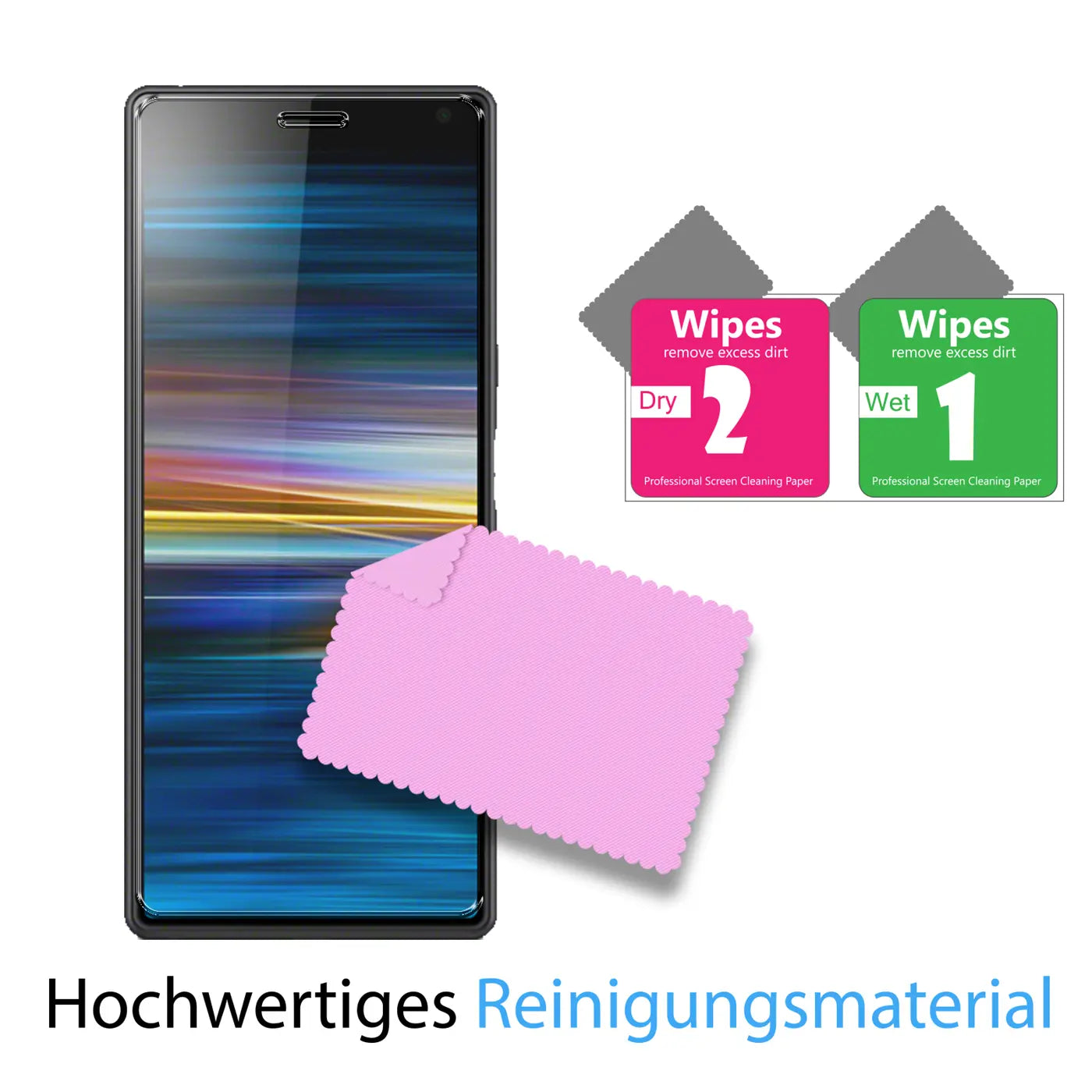 Sony Xperia 8 mit Panzerglas-Displayschutz, rosa Mikrofasertuch und zwei Reinigungstüchern (Wet/Dry) auf weißem Grund.