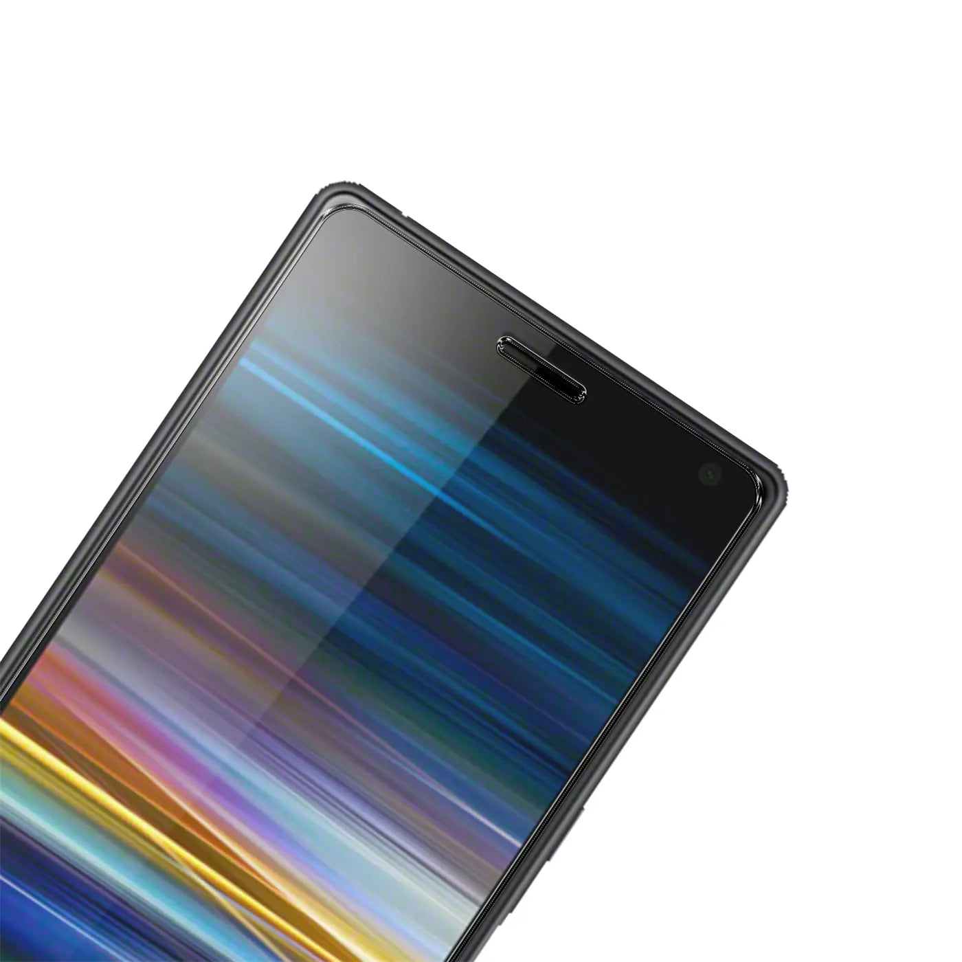 Nahaufnahme eines schwarzen Sony Xperia 8 Smartphones mit farbigem Display, schräg von oben rechts, vor weißem Hintergrund.