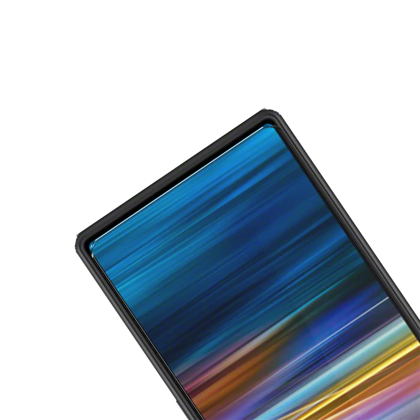 Nahaufnahme des oberen rechten Bereichs eines Sony Xperia 8 mit schwarzem Rahmen und Panzerglas-Displayschutz.