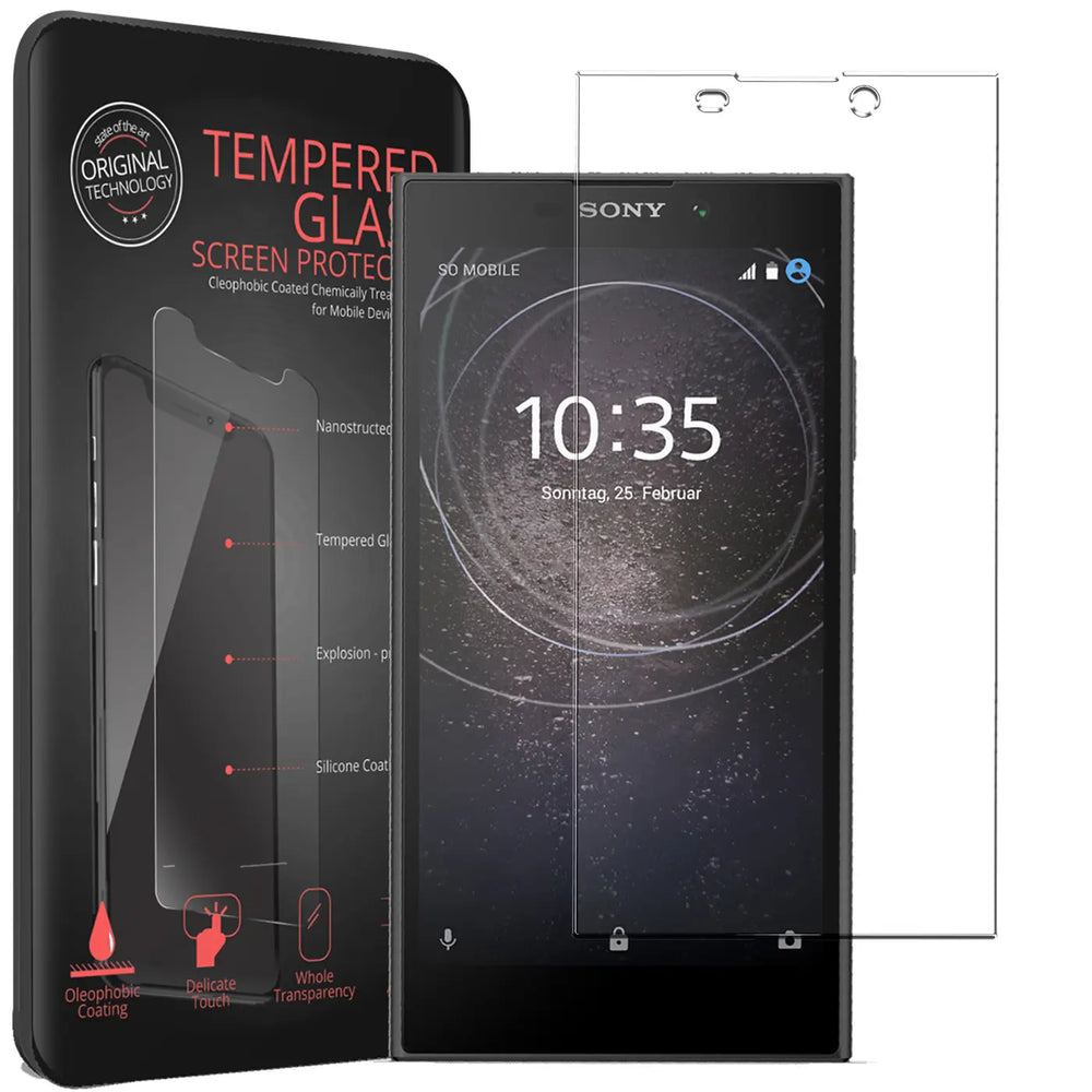 Schwarzes Sony Xperia L2 mit Displayschutzfolie, daneben Verpackung und eine weitere transparente Glasfolie.