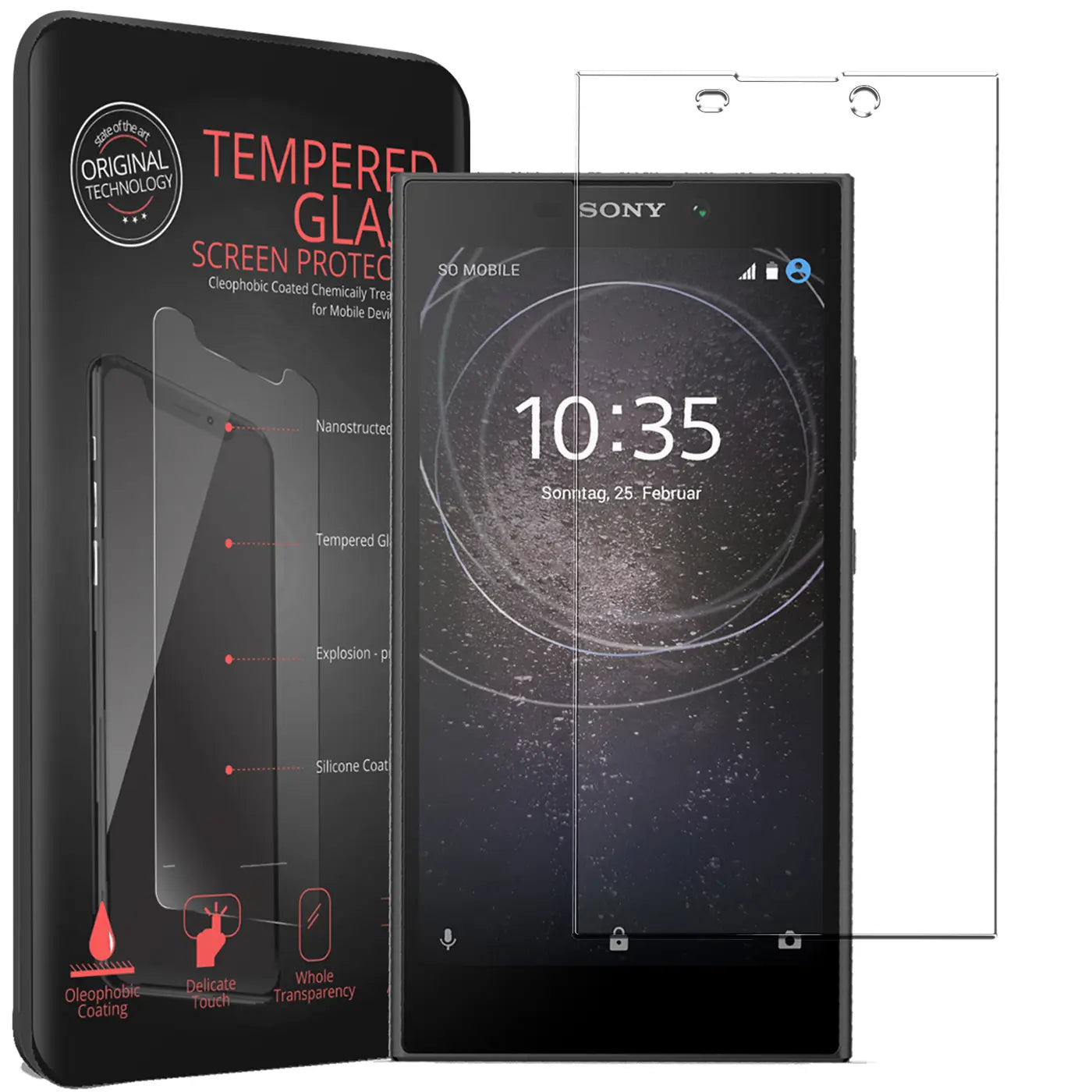 Schwarzes Sony Xperia L2 mit Displayschutzfolie, daneben Verpackung und eine weitere transparente Glasfolie.