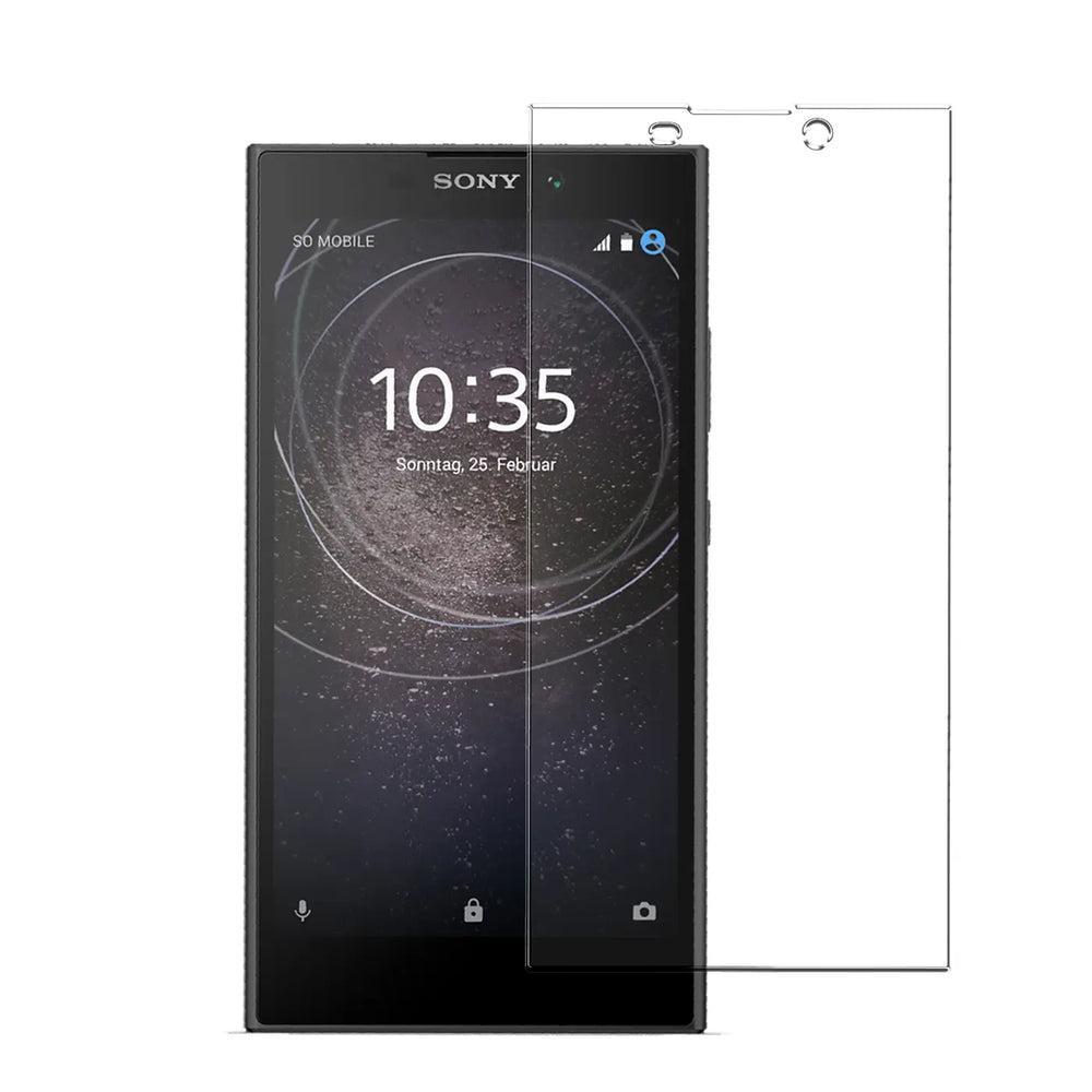 Schwarzes Sony Xperia L2 Smartphone mit teilweisem transparentem Panzerglas-Displayschutz von vorne.
