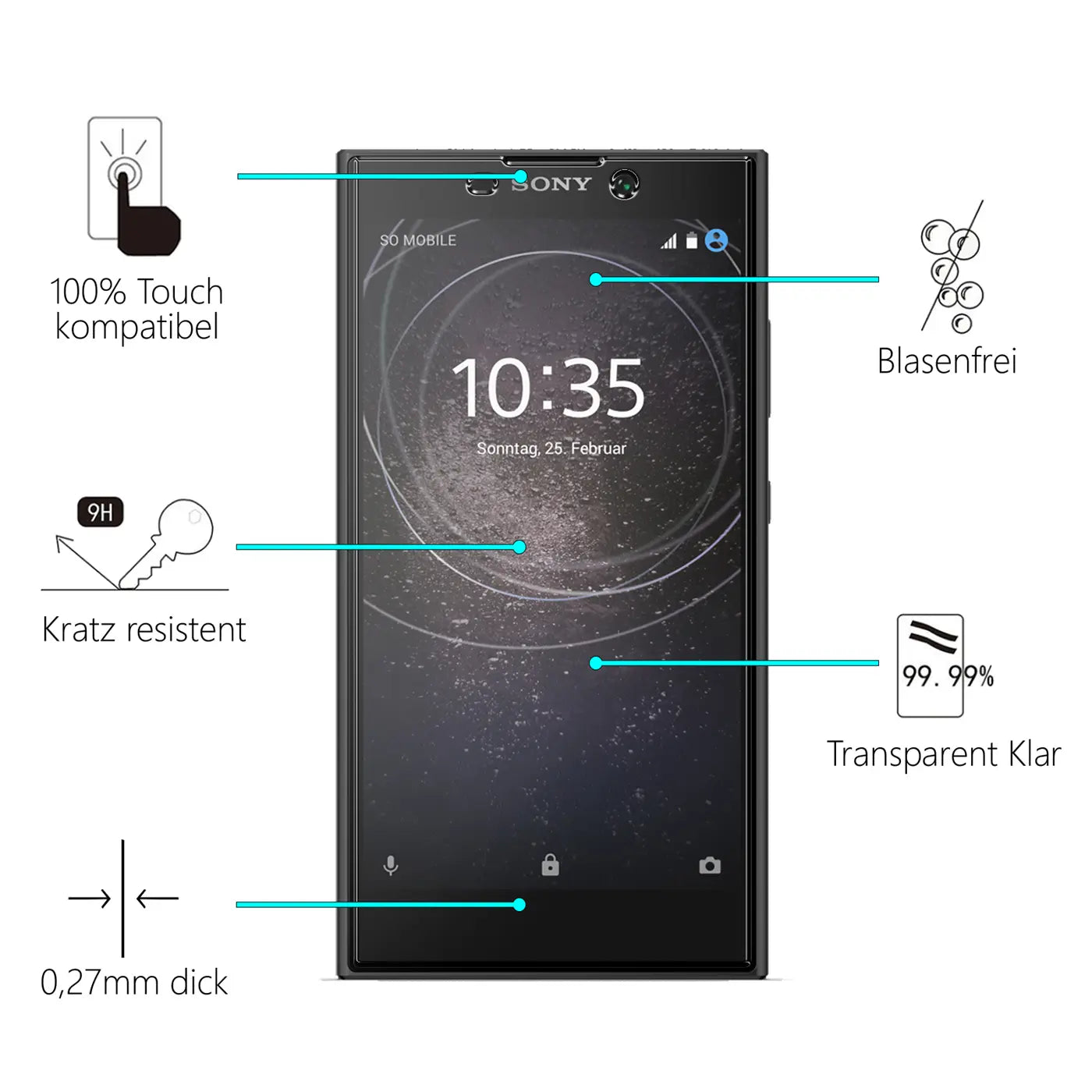 Schwarzes Sony Xperia L2 Smartphone von vorne mit transparentem Panzerglas und Beschreibungen der Eigenschaften.