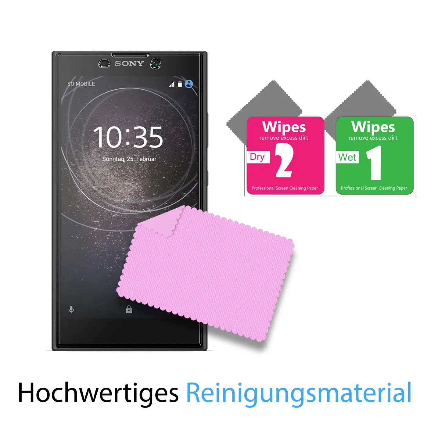 Schwarzes Sony Xperia L2 mit rosa Mikrofasertuch und zwei Reinigungstüchern (Wet/Dry) auf weißem Hintergrund.