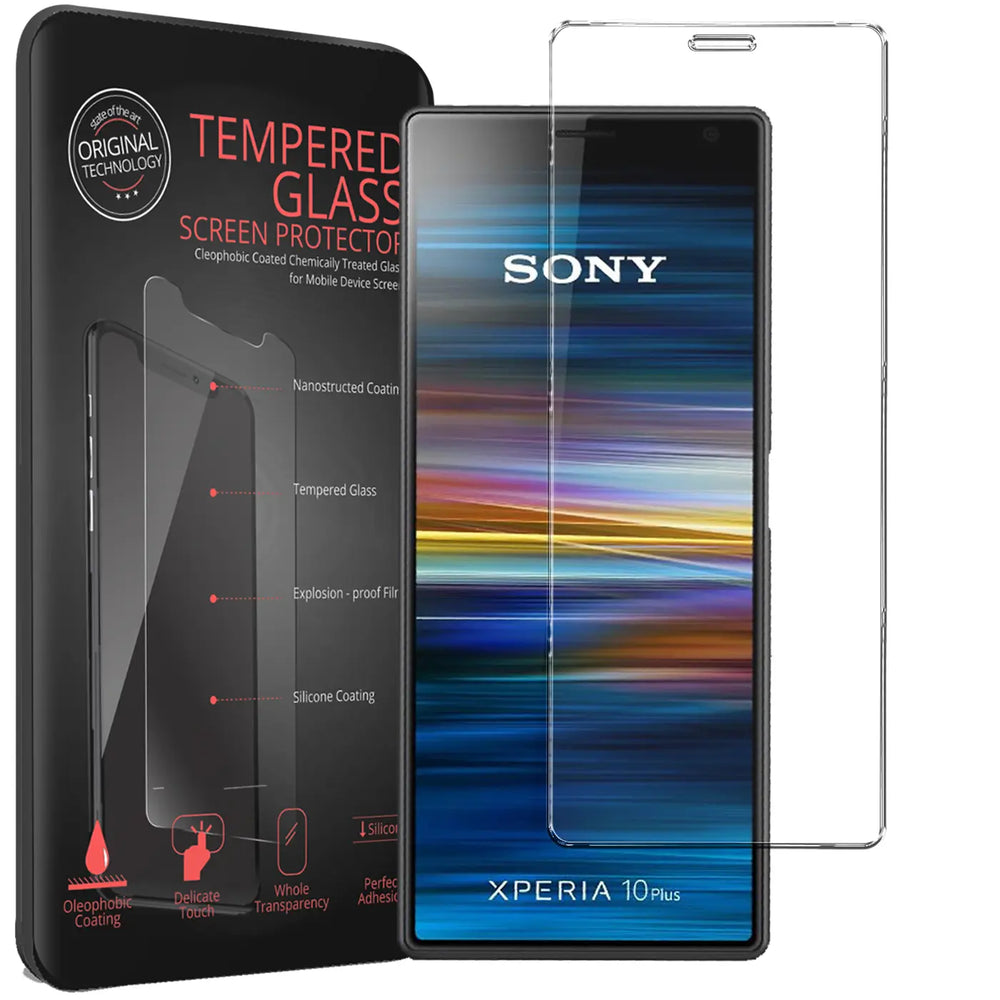Schwarze Verpackung mit "Tempered Glass Screen Protector" und ein Sony Xperia 10 Plus mit Panzerglas von vorne.