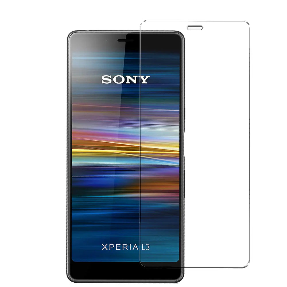 Sony Xperia L3 Smartphone mit installiertem, transparentem Panzerglas-Displayschutz und einem weiteren daneben, von vorne.