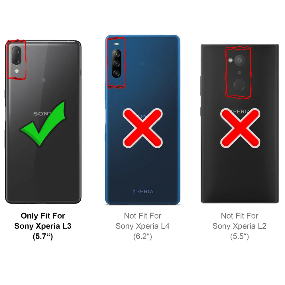 Rückansichten von 3 Sony Xperia Smartphones: L3 (schwarz, Haken), L4 (blau, X), L2 (schwarz, X).