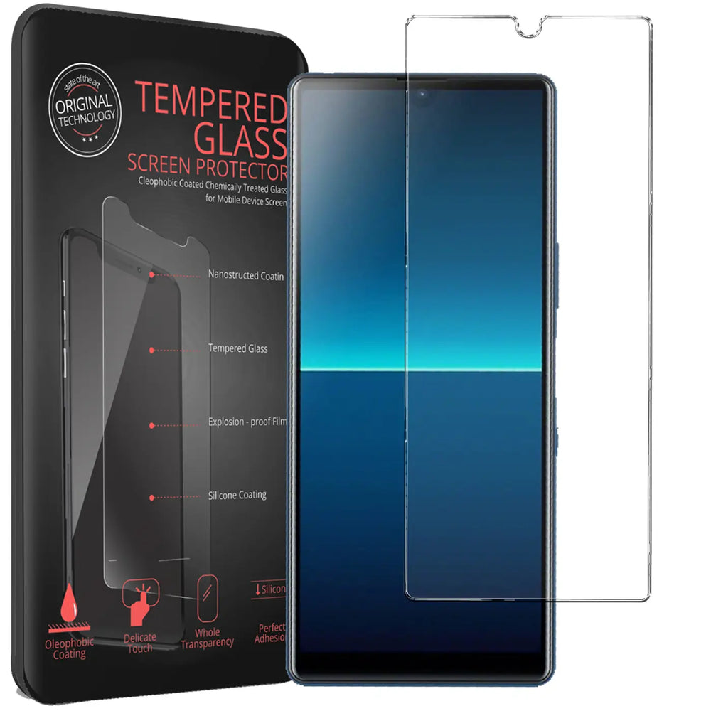 Schwarze Verpackung für Displayschutz, daneben ein Sony Xperia L4 mit blauem Display und ein klarer Panzerglas-Displayschutz.