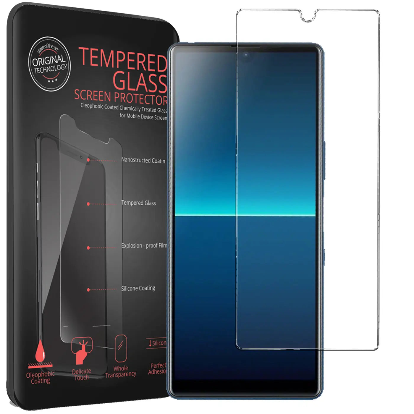 Schwarze Verpackung für Displayschutz, daneben ein Sony Xperia L4 mit blauem Display und ein klarer Panzerglas-Displayschutz.