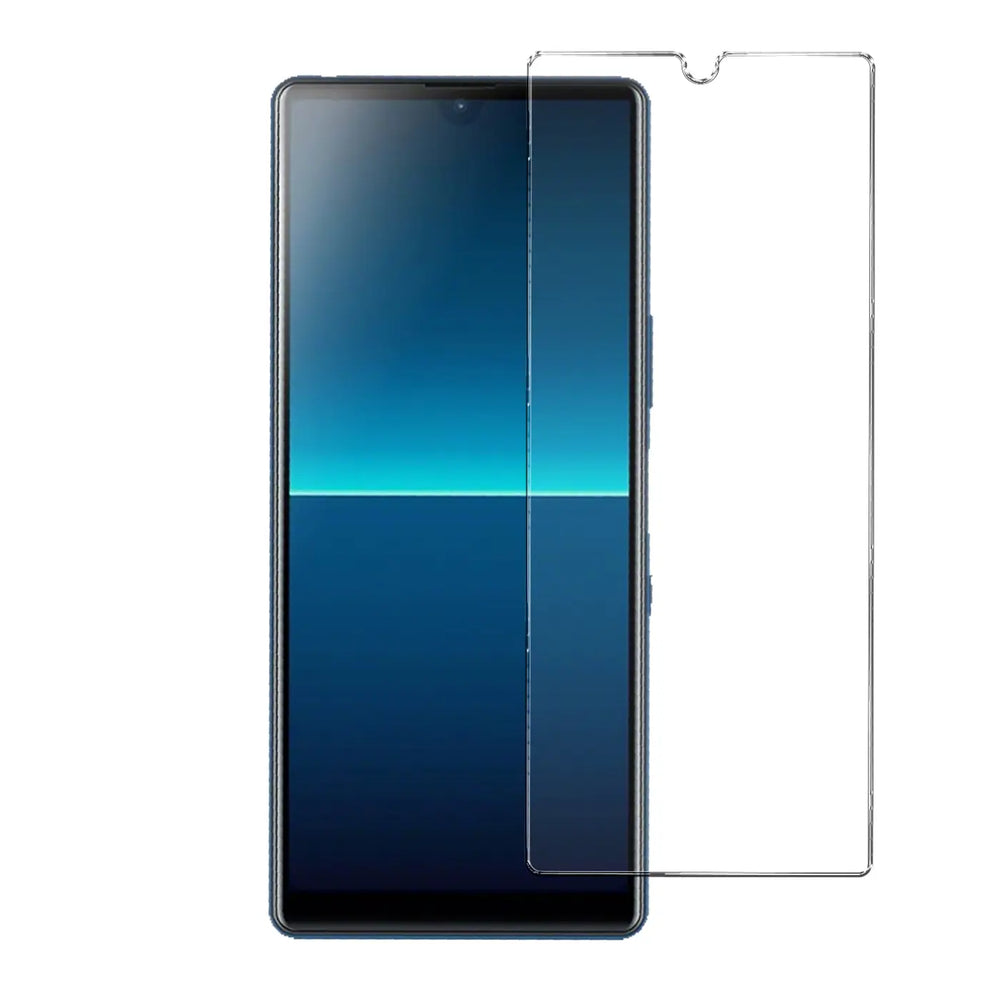 Frontansicht eines schwarzen Sony Xperia L4 Smartphones mit einem transparenten Panzerglas-Displayschutz daneben.