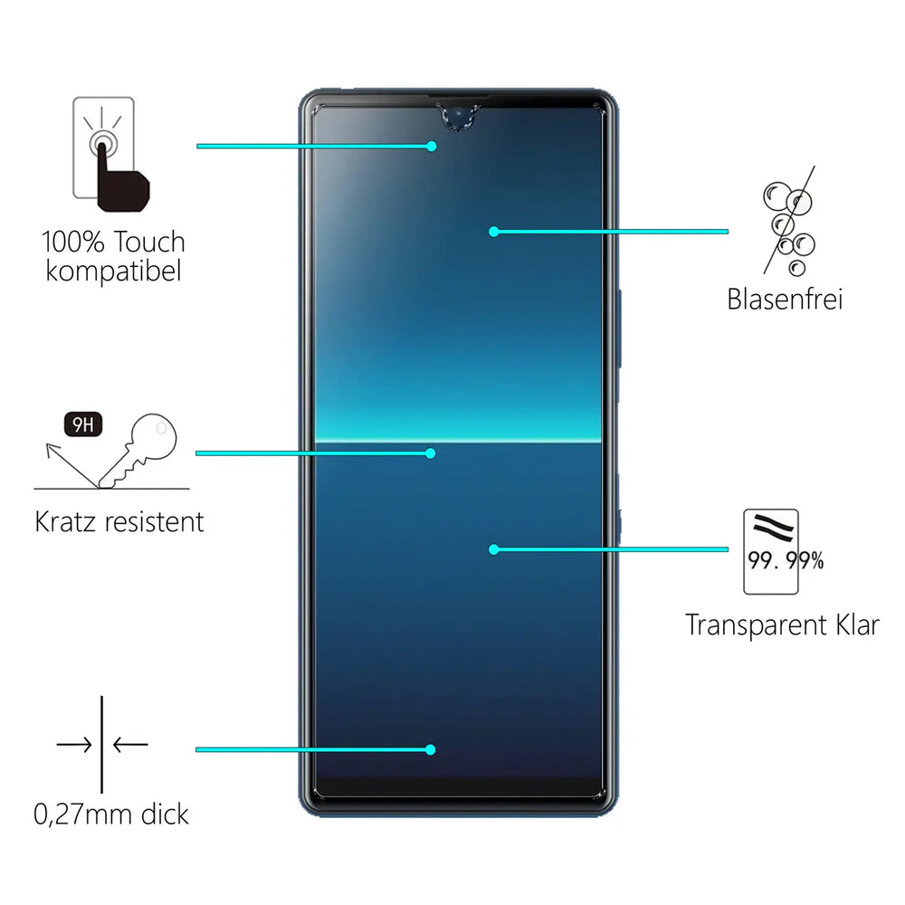 Sony Xperia L4 mit transparentem Panzerglas-Displayschutz von vorne, umgeben von Icons mit Produktmerkmalen.
