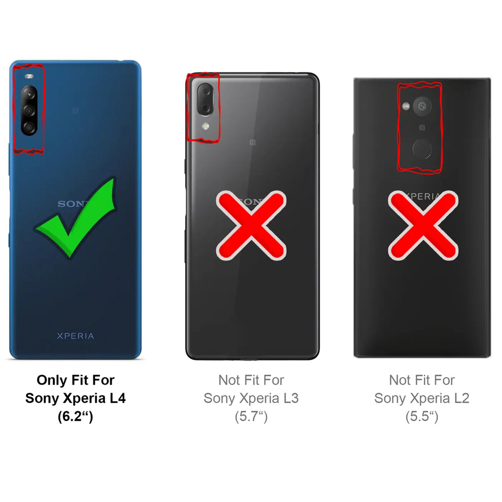 Rückansicht von drei Sony Xperia Smartphones: L4 (blau, Haken), L3 (schwarz, X), L2 (schwarz, X).