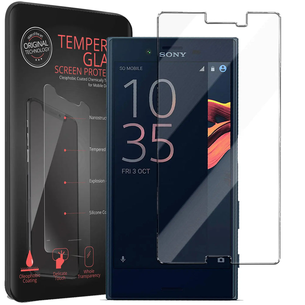 Schwarzes Sony Xperia X Compact, ein Panzerglas Displayschutz auf dem Display, ein weiteres daneben und die schwarze.