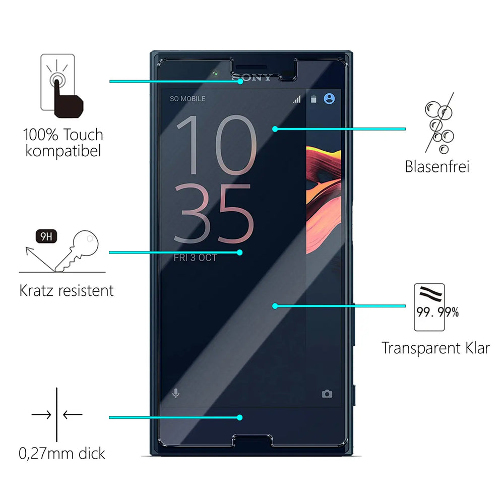 Sony Xperia X Compact mit transparentem Panzerglas-Displayschutz (Glas). Frontalansicht, weiße Icons mit blauen Linien.