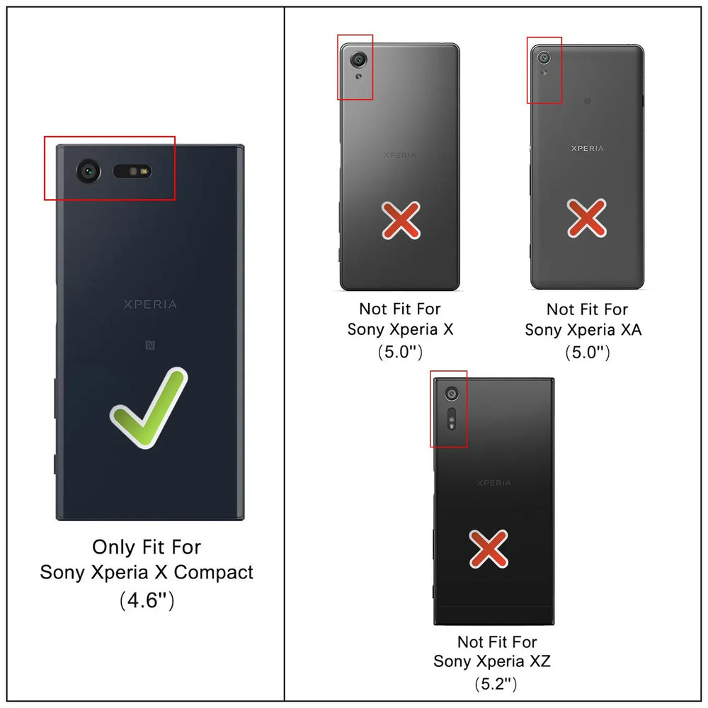 Rückseite eines dunkelblauen Sony Xperia X Compact (4.6") mit grüner Haken-Markierung, daneben 3 andere Sony Modelle mit.