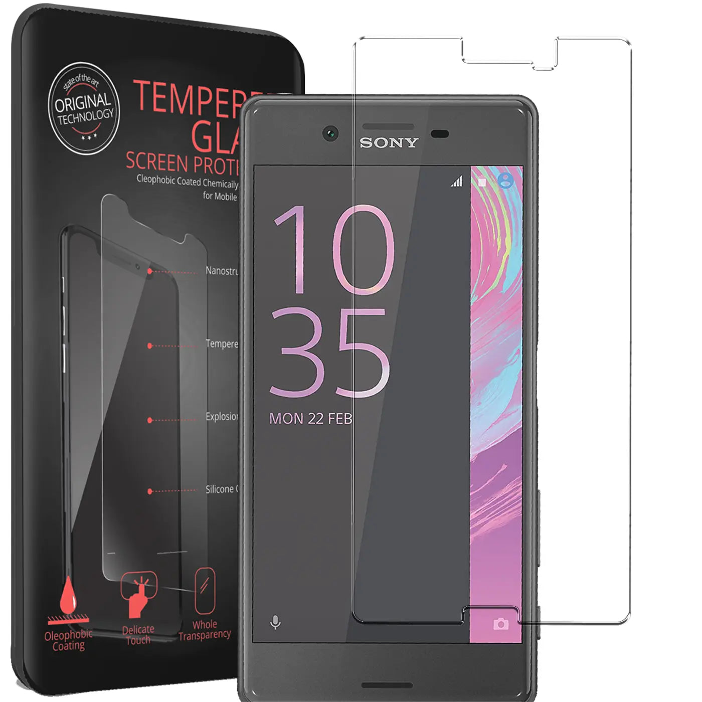 Schwarzes Sony Xperia X mit aufgelegtem, transparentem Panzerglas-Displayschutz und Verpackung, schräg von vorne.